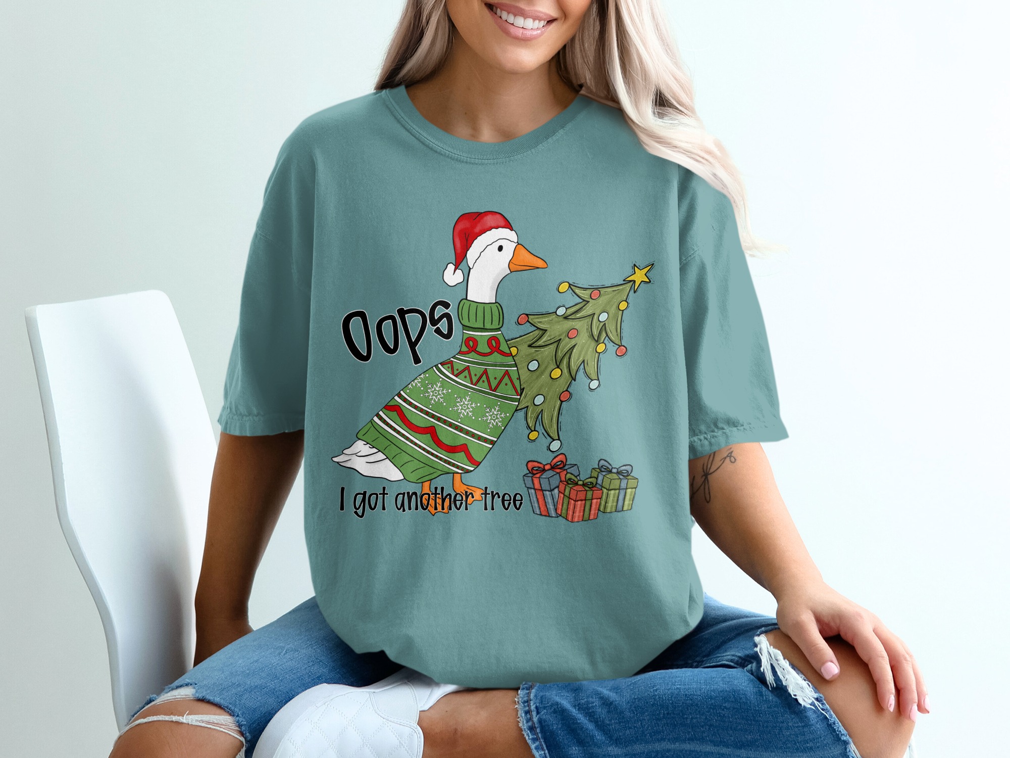 Funny Christmas Goose T-Shirt, Ugly Sweater Style Holiday Tee, Oops I Got Another Tree, Festive Humor Animal Shirt, Gag Xmas Gift
