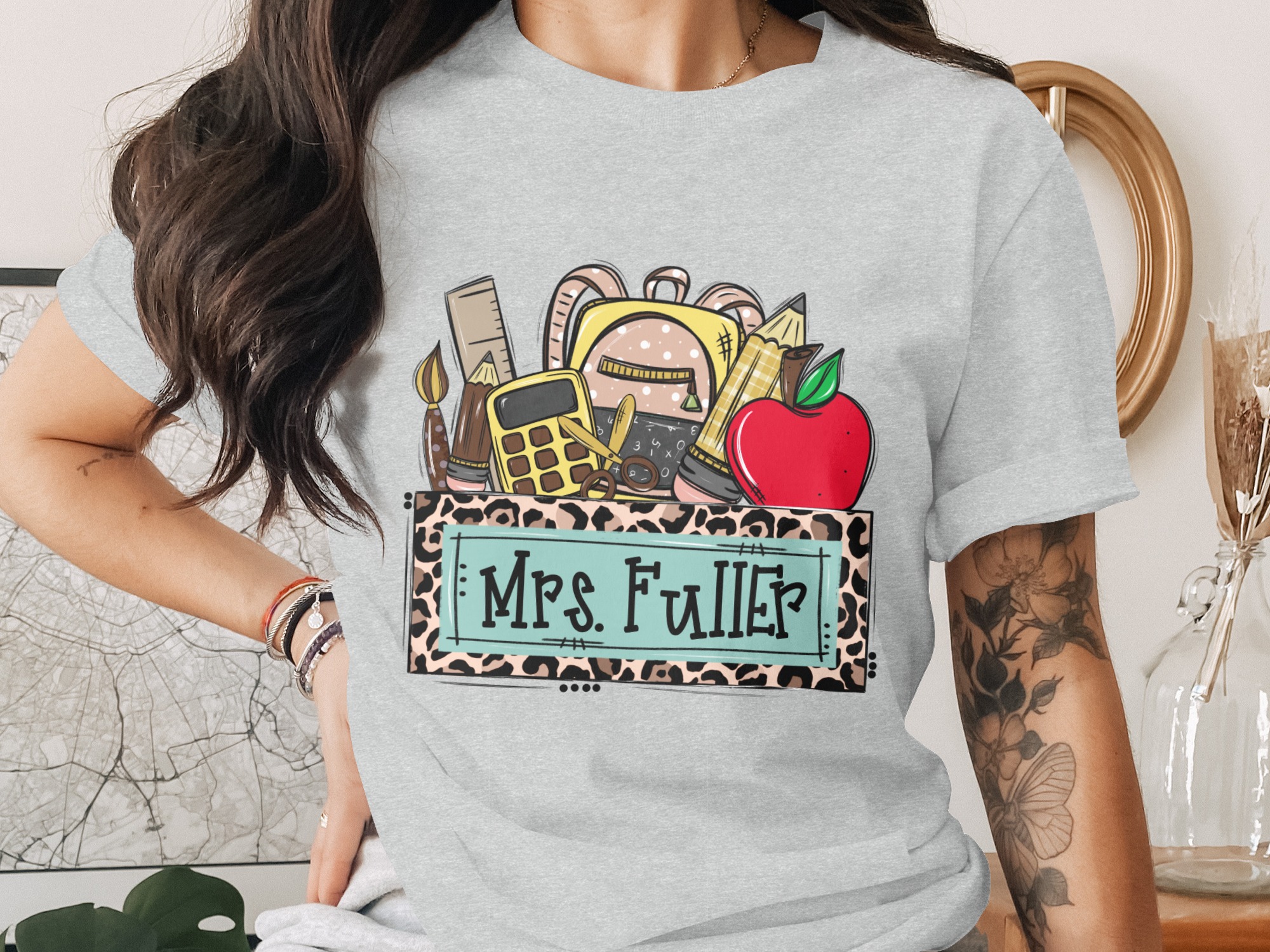 Personalized Teacher T-Shirt, Custom School Supplies & Leopard Print Frame Tee, Back to School Educator Gift Shirt - Image 2