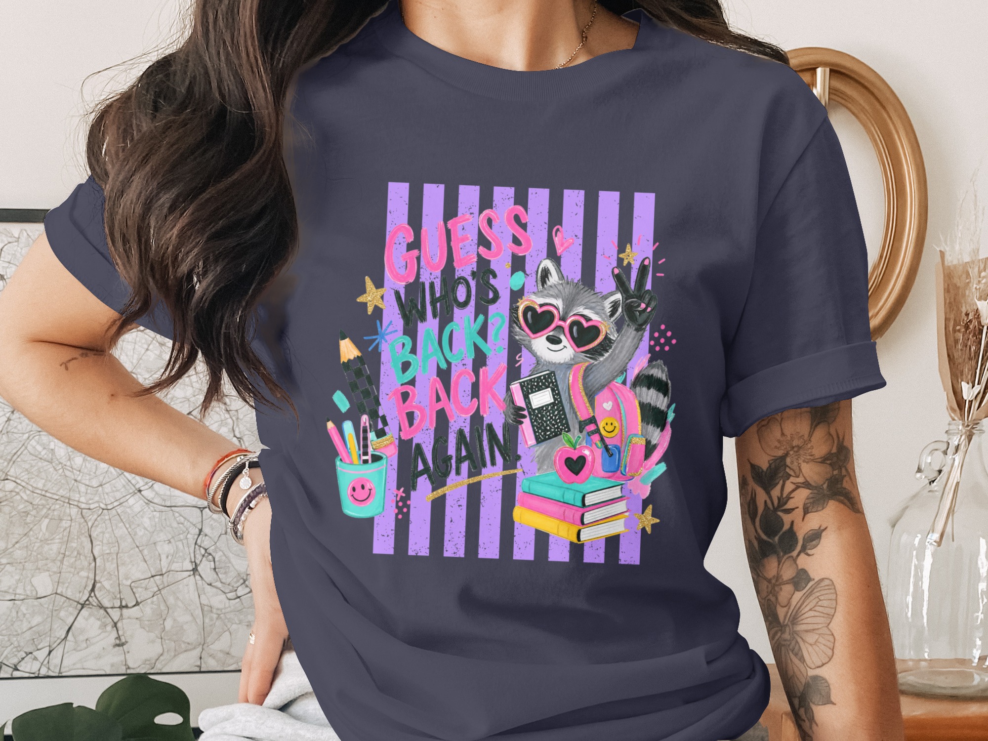 Back To School Raccoon T-Shirt, Guess Who's Back Again Teacher Shirt, First Day Of School Student Tee, Cute Animal Graphic Top - Image 12