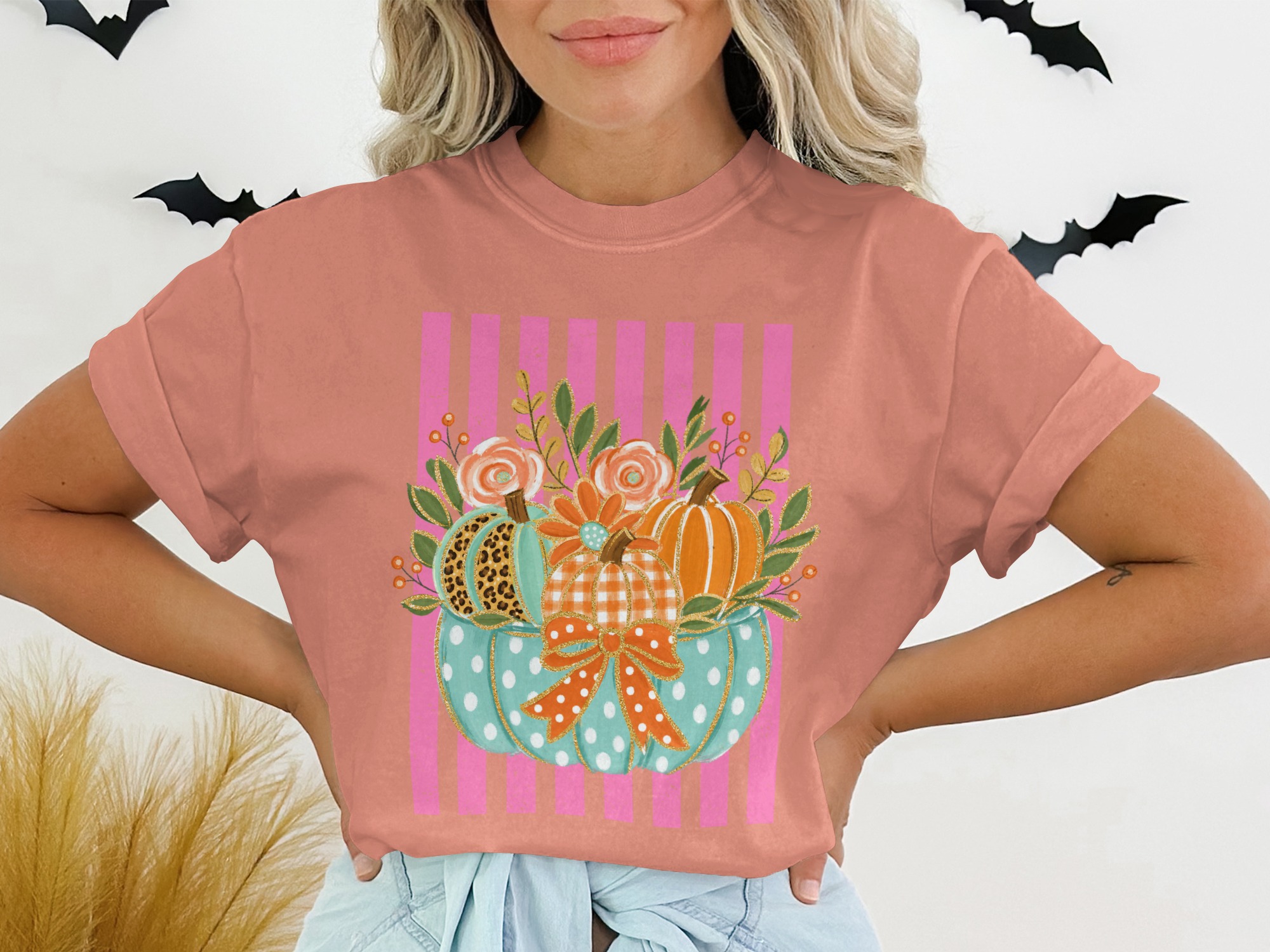 Whimsical Fall Pumpkins T-Shirt, Pink Striped Plaid Leopard Autumn Graphic Tee, Cute Colorful Harvest Vibes Farmhouse Shirt Gift - Image 2