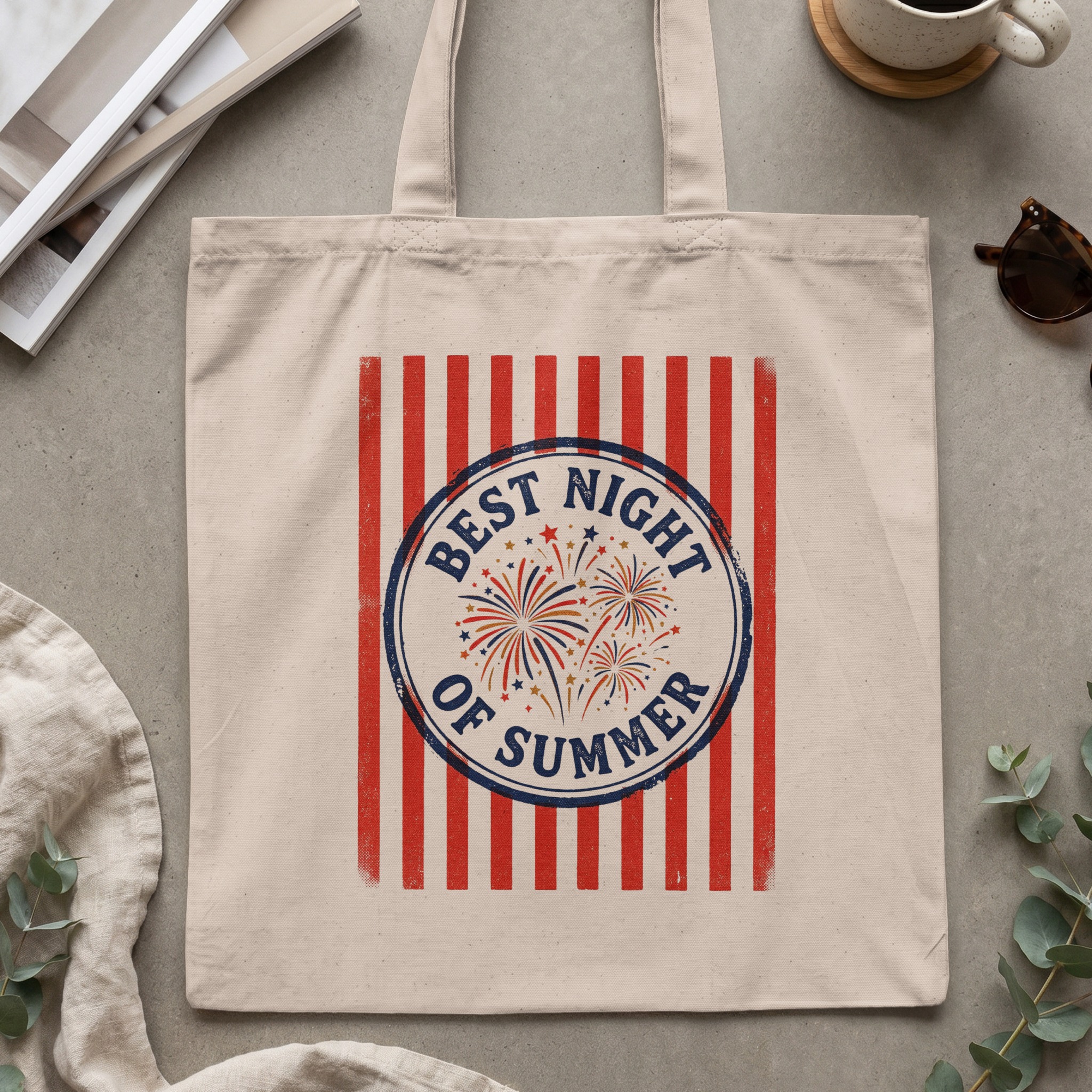 Fourth of July Tote Bag, Best Night of Summer Fireworks Graphic, Patriotic Americana Beach Bag Gift - Image 2