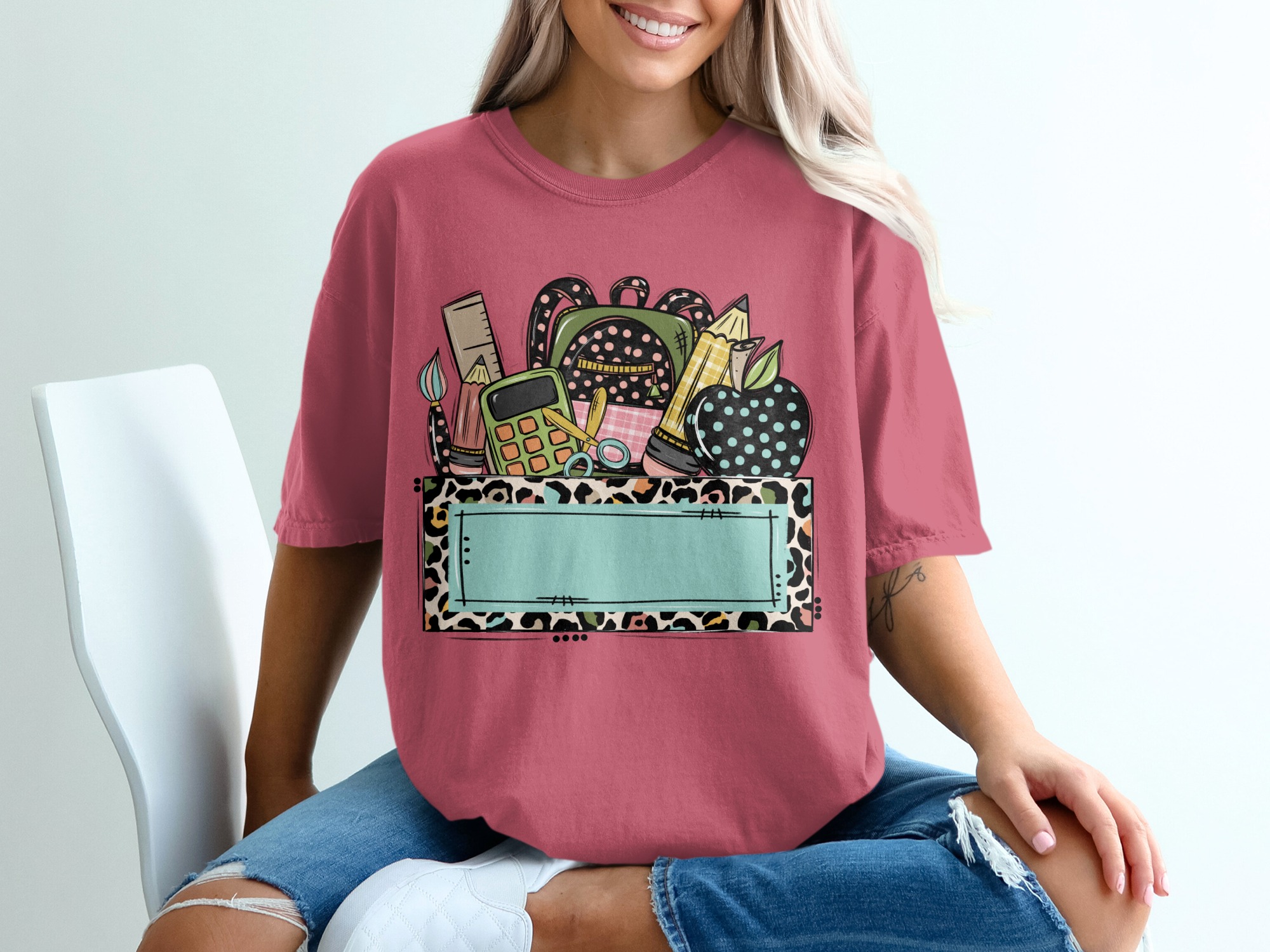 Custom Teacher School Supplies T-Shirt | Personalized Educator Gift, Back to School, Leopard Print Top - Image 15