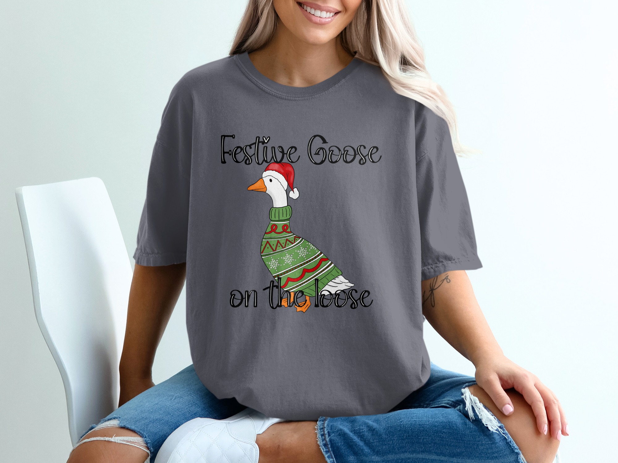 Festive Goose On The Loose T-Shirt, Funny Christmas Goose Shirt, Ugly Sweater Holiday Party Tee, Xmas Gift for Her Him Friend - Image 3