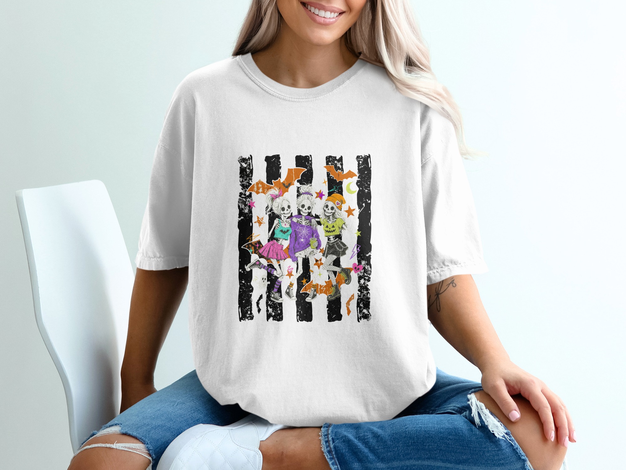 Cute Goth Skeleton Friends Halloween T-Shirt | Spooky Skull Besties Graphic Tee | October Fall Costume Party Shirt | Alternative Aesthetic - Image 5