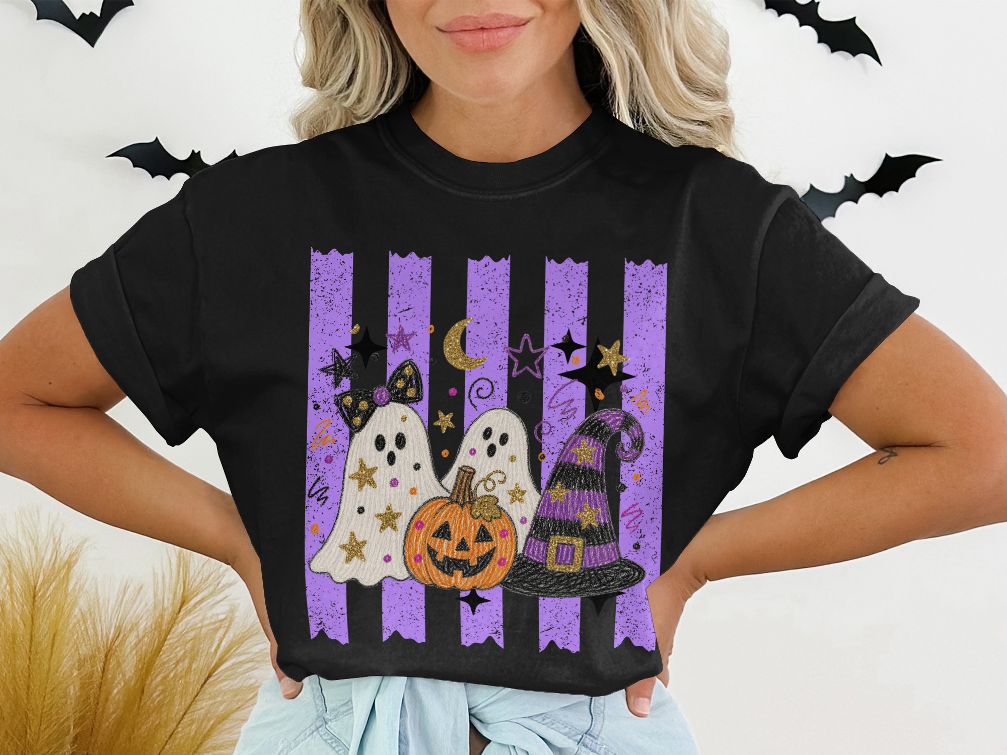 Cute Ghost Halloween T-Shirt, Spooky Pumpkin Witch Hat Graphic Tee, Faux Glitter Fall Festive Women's Purple Stripe Trick or Treat Apparel - Image 2