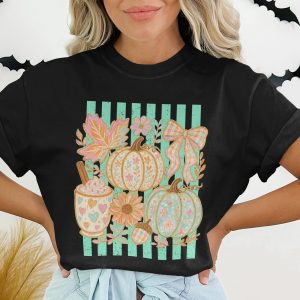 Whimsical Fall Pumpkin T-Shirt, Cottagecore Pastel Autumn Shirt, Boho Floral Pumpkins & Hot Cocoa Mug Gift for Her