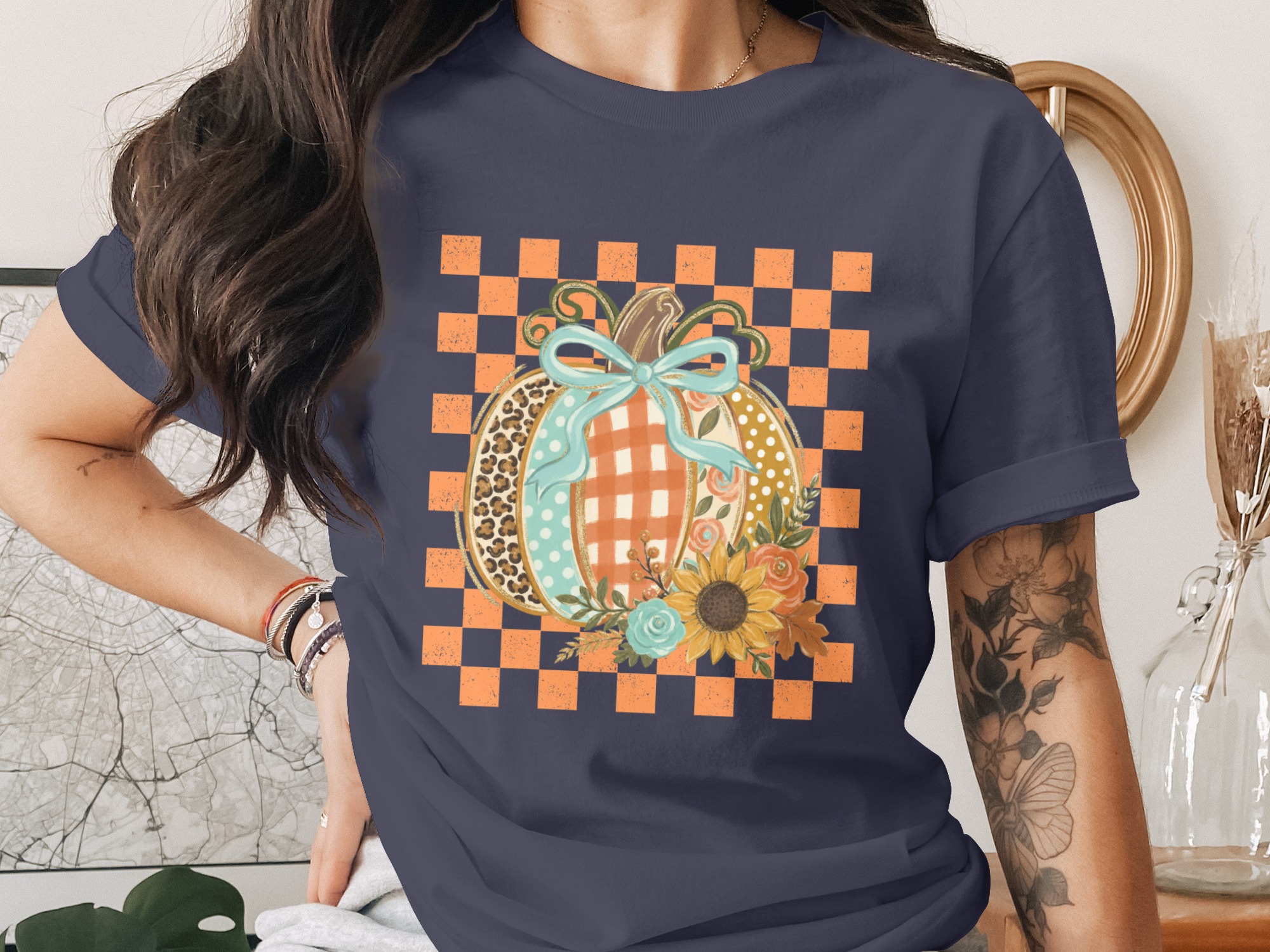 Cute Fall Pumpkin T-Shirt, Distressed Checkerboard Autumn Tee, Floral Leopard Print Pumpkin Shirt, Thanksgiving Gift - Image 12