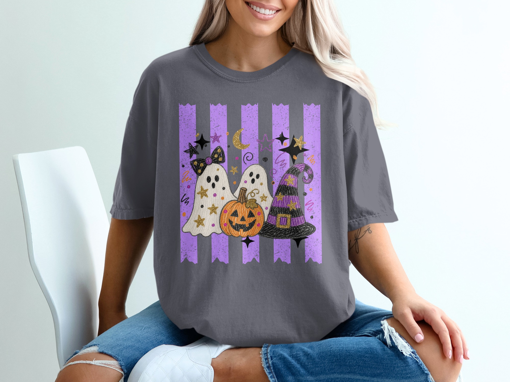 Cute Ghost Halloween T-Shirt, Spooky Pumpkin Witch Hat Graphic Tee, Faux Glitter Fall Festive Women's Purple Stripe Trick or Treat Apparel - Image 5