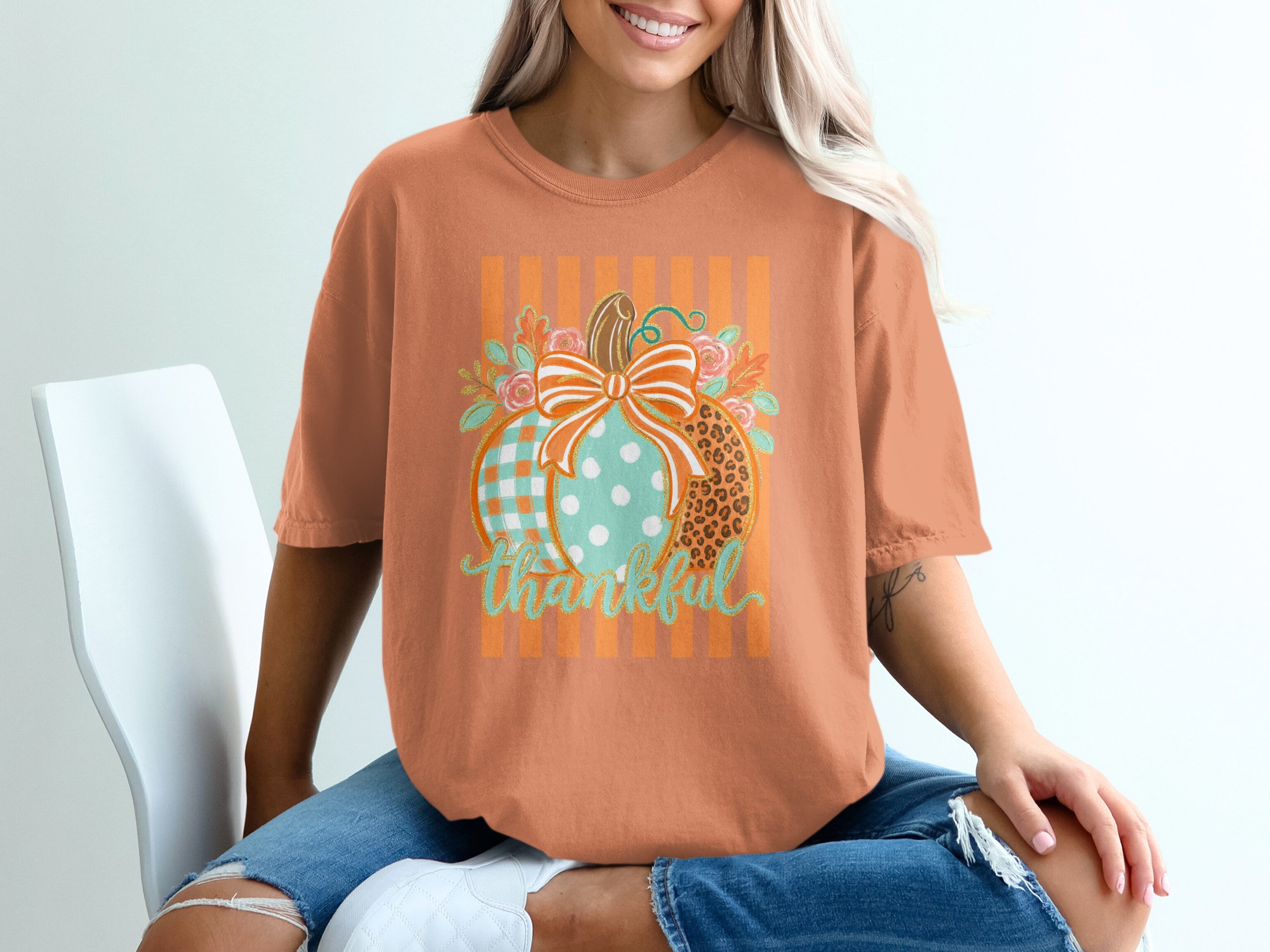 Thankful Pumpkin Patch Fall T-Shirt, Boho Leopard Gingham Polka Dot Autumn Harvest Thanksgiving Graphic Tee for Women - Image 3