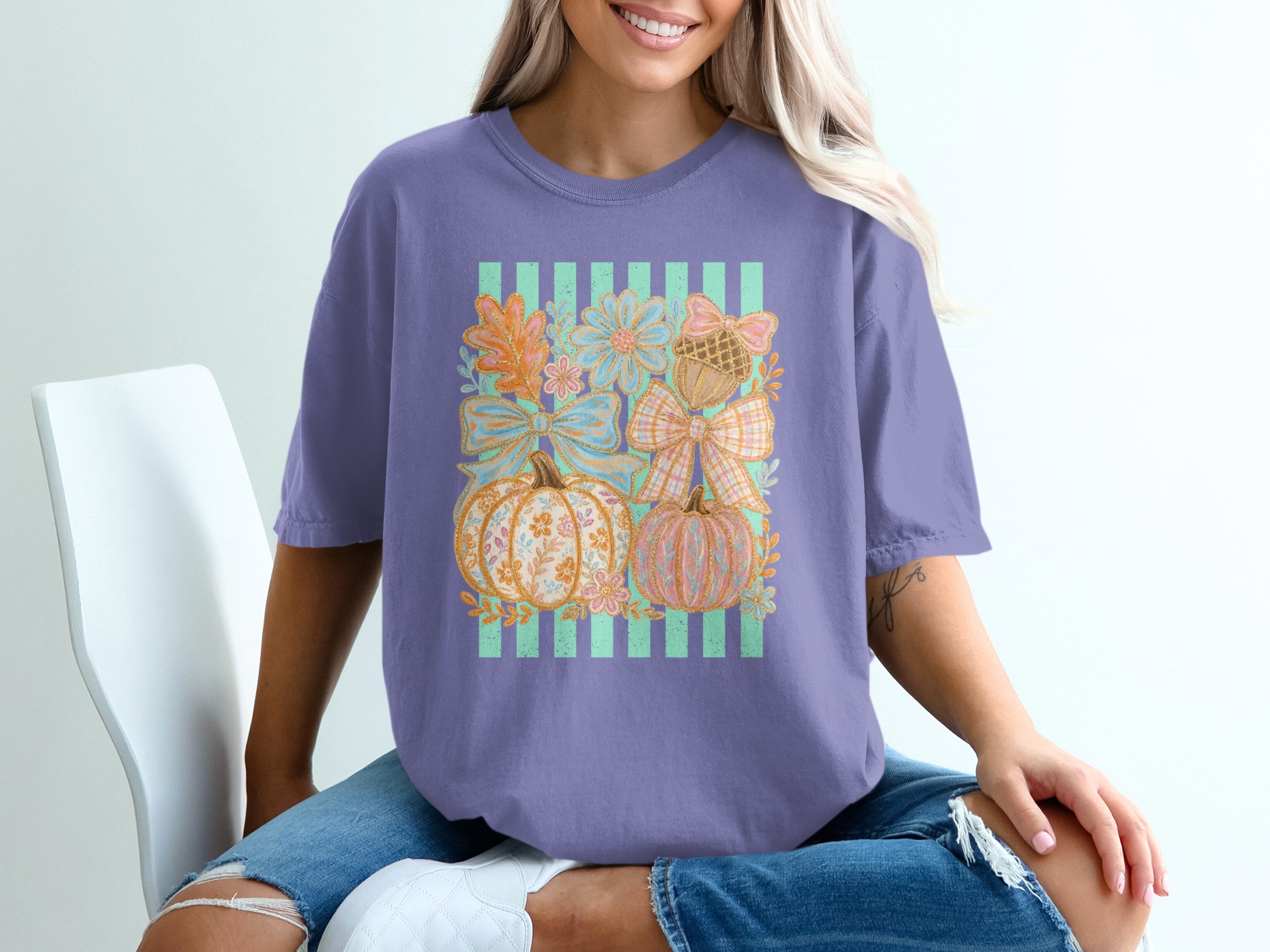 Fall Pumpkin T-Shirt Whimsical Pastel Cottagecore Autumn Vibes Tee Women's Cute Thanksgiving Harvest Shirt Gift - Image 3