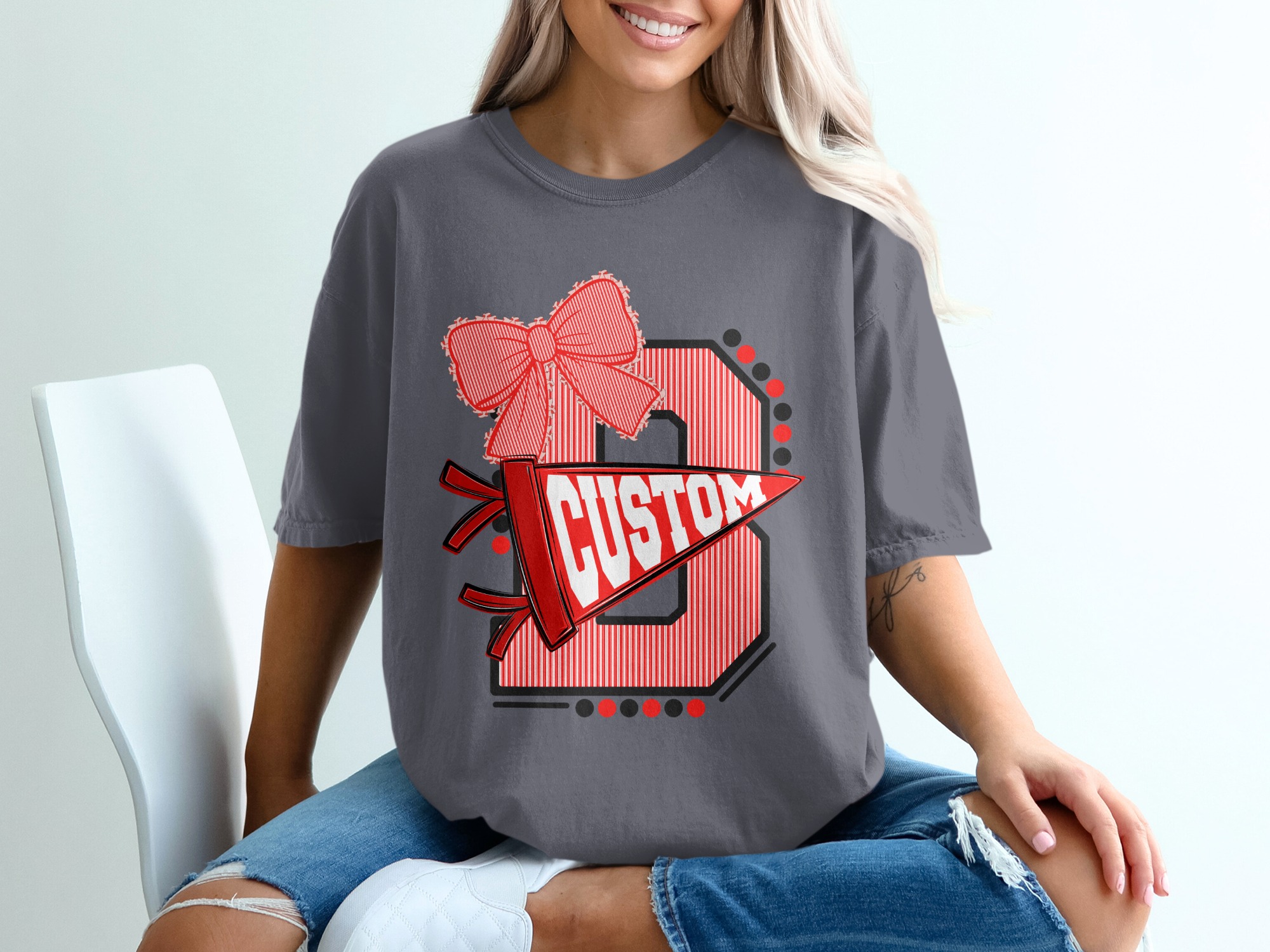 Custom Initial T-Shirt with Bow, Personalized Varsity Style Pennant Design, School Spirit College Team Mascot Letter Tee - Image 12