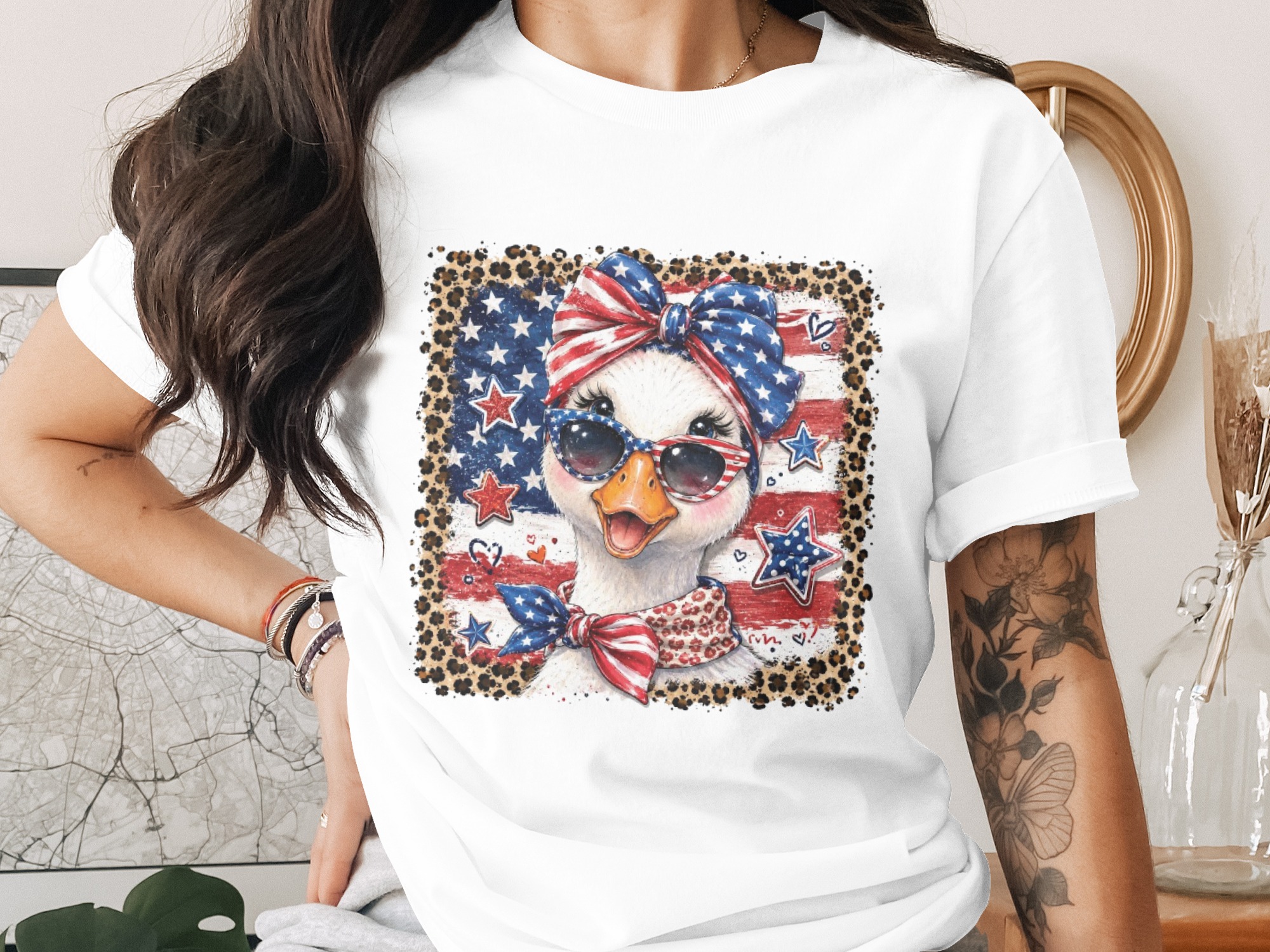 Patriotic Duck T-Shirt, Comfort Colors ® 4th of July Shirt, American Flag Leopard Print Tee, Cute Summer Independence Day Graphic Tee