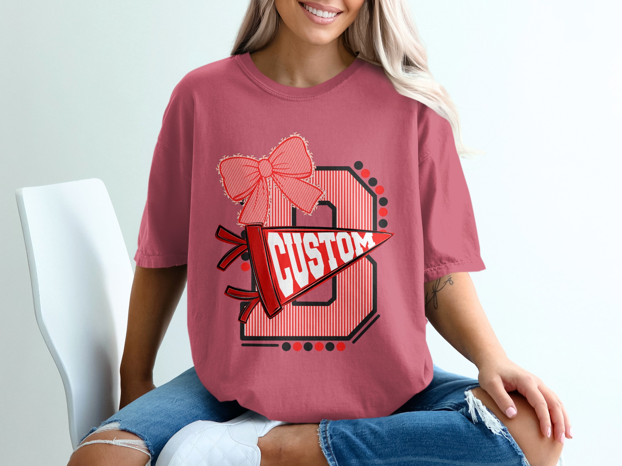Custom Initial T-Shirt with Bow, Personalized Varsity Style Pennant Design, School Spirit College Team Mascot Letter Tee - Image 15
