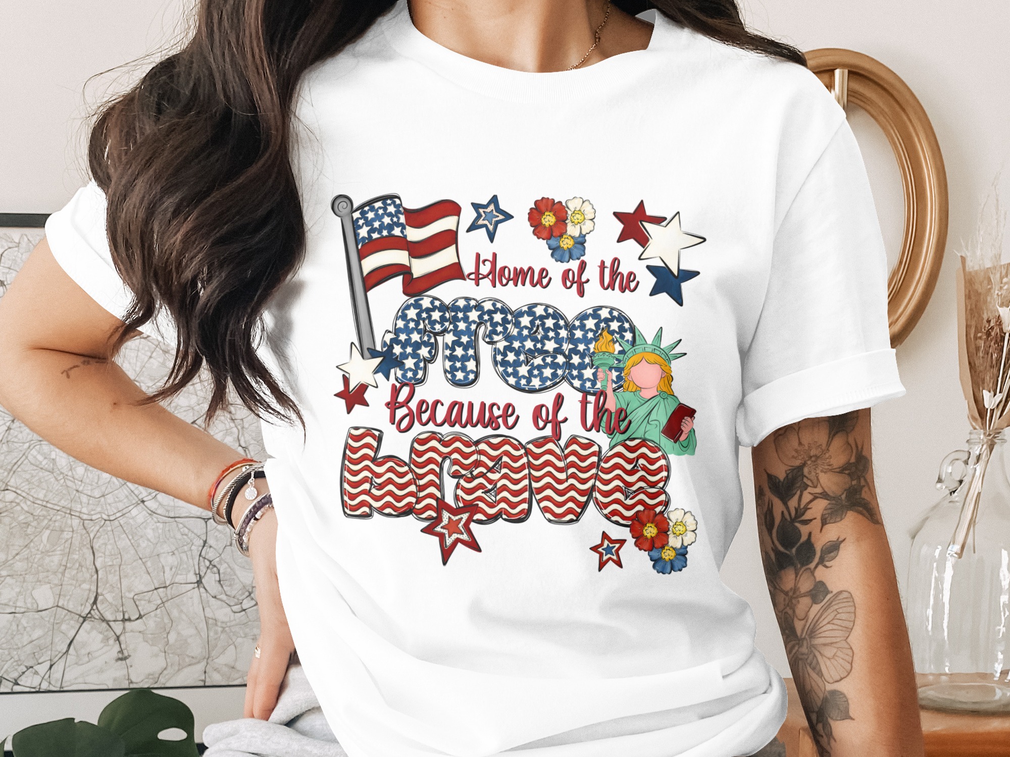 Patriotic T-Shirt for 4th of July, Home of the Free Because of the Brave Tee, American Flag Gift for Her, Memorial Day Apparel
