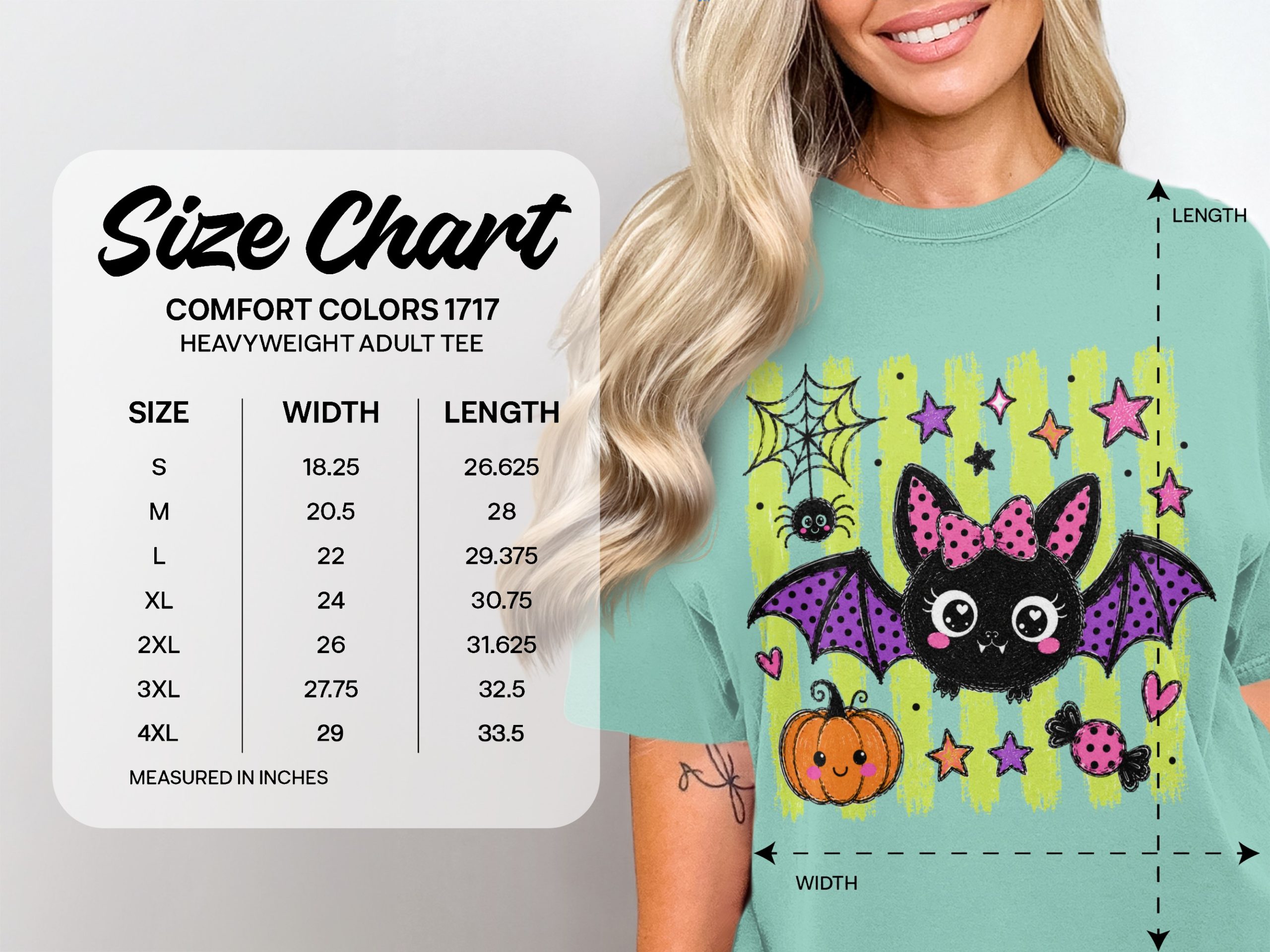 Comfort Colors ® Cute Halloween Bat T-Shirt | Kawaii Spooky Season Tee, Pink Bow Bat, Pumpkin & Stars, Fall Graphic Top Gift - Image 3