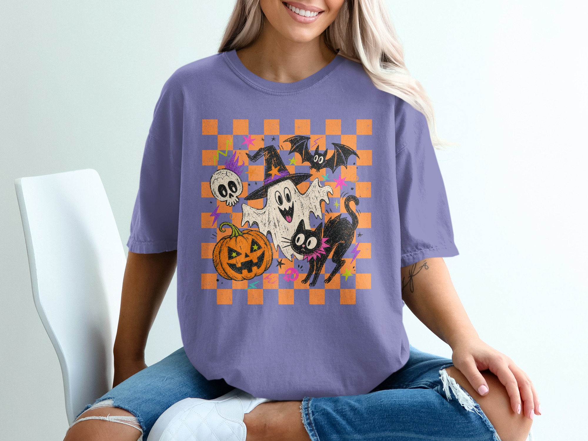 Spooky Cute Halloween T-Shirt, Retro Checkered Ghost Pumpkin Black Cat Shirt, Funky Spooky Season Tee, Fall Vibes Unisex Graphic Tee - Image 3