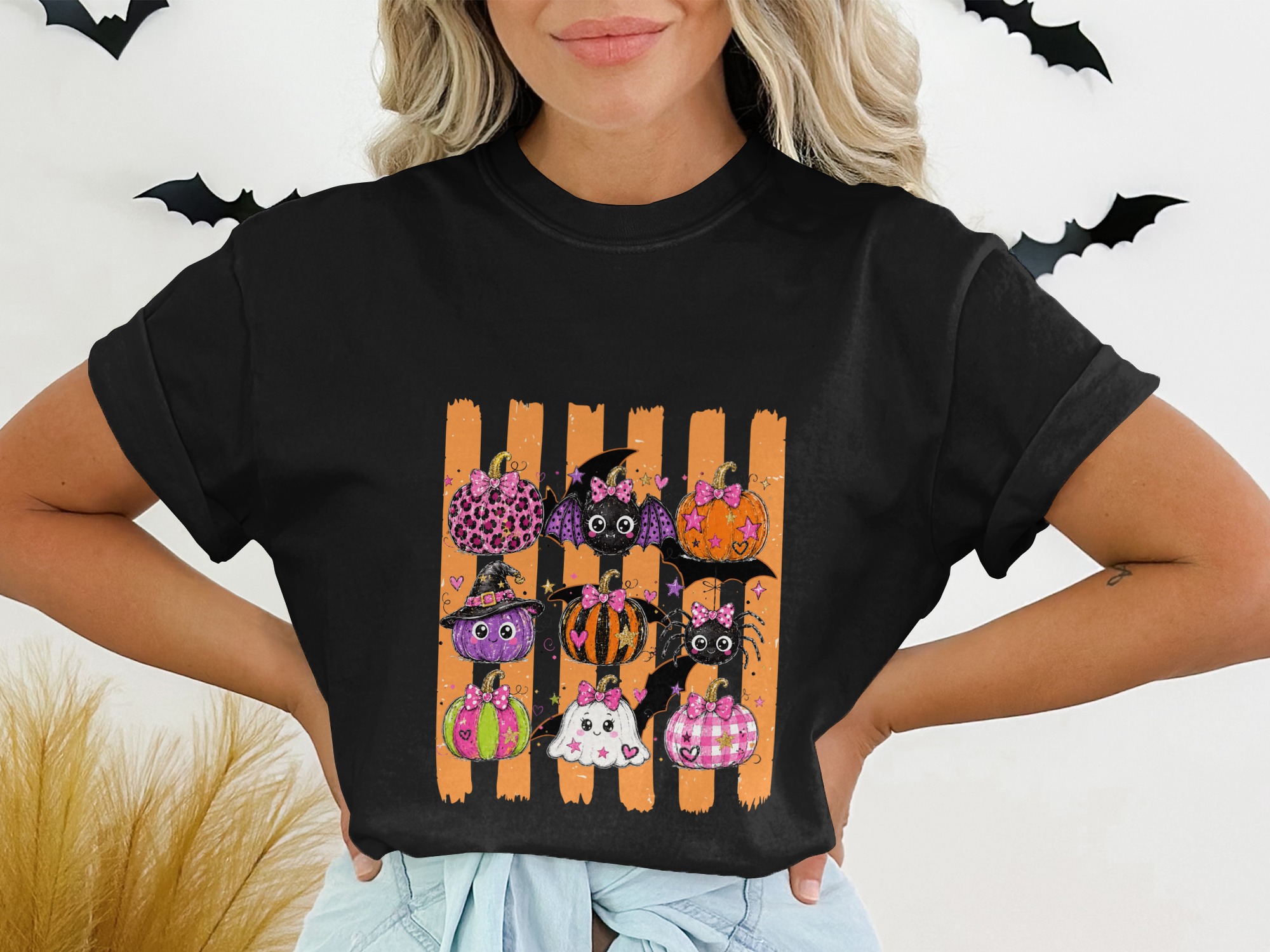 Cute Spooky Pumpkins Halloween T-Shirt for Women, Adorable Pastel Goth Trick or Treat Shirt for Fall Season - Image 2