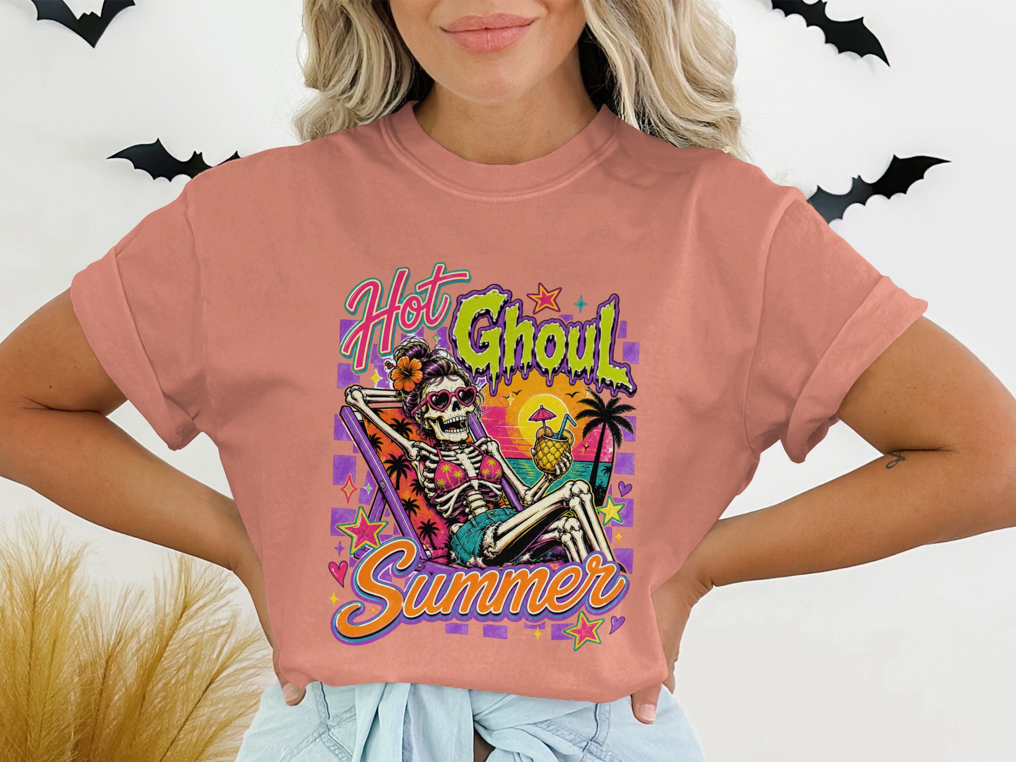 Hot Ghoul Summer Shirt, Skeleton Summer Retro Spooky Graphic Tee, Tropical Goth Funny Skull Vacation T-Shirt - Image 2