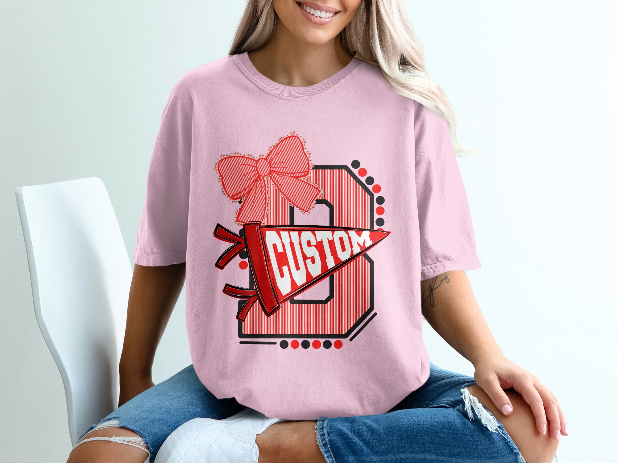 Custom Initial T-Shirt with Bow, Personalized Varsity Style Pennant Design, School Spirit College Team Mascot Letter Tee - Image 17