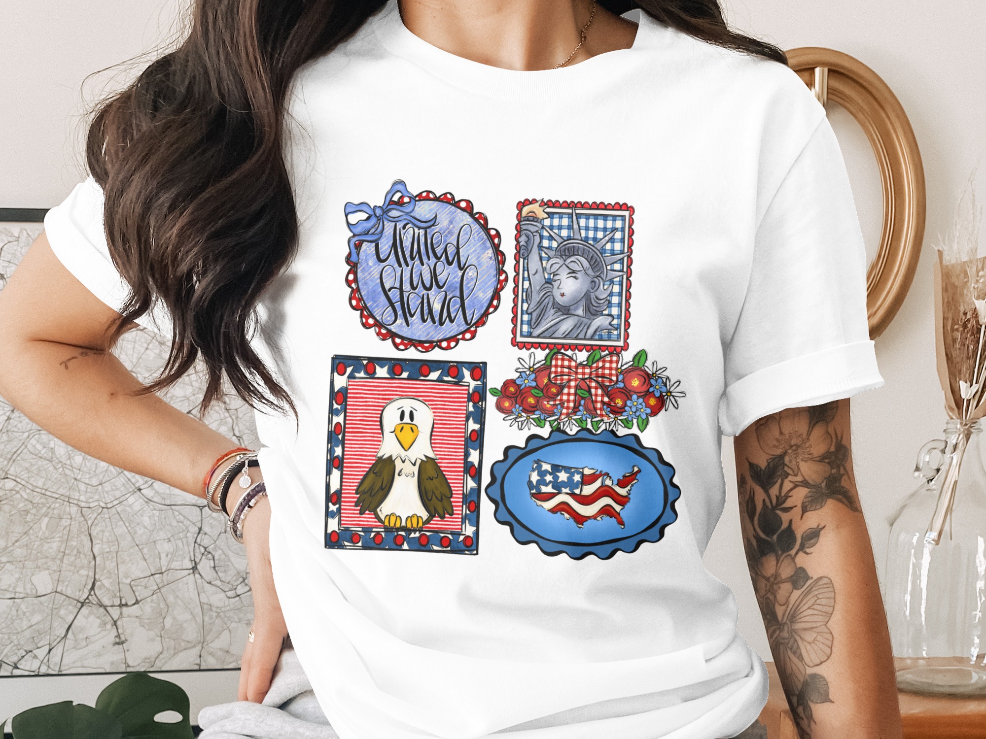Patriotic United We Stand T-Shirt, 4th of July American Flag Lady Liberty Bald Eagle Graphic Top, Americana USA Pride Tee