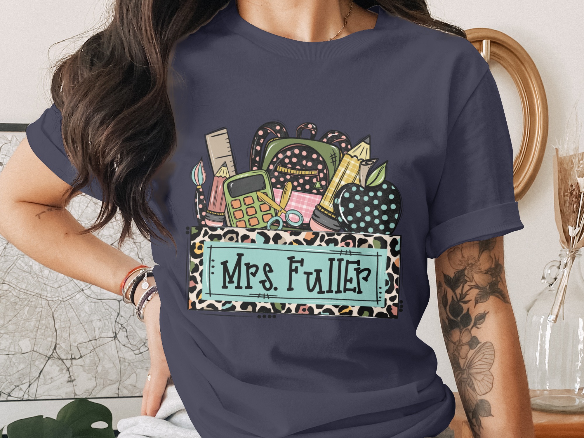 Custom Teacher School Supplies T-Shirt | Personalized Educator Gift, Back to School, Leopard Print Top - Image 3