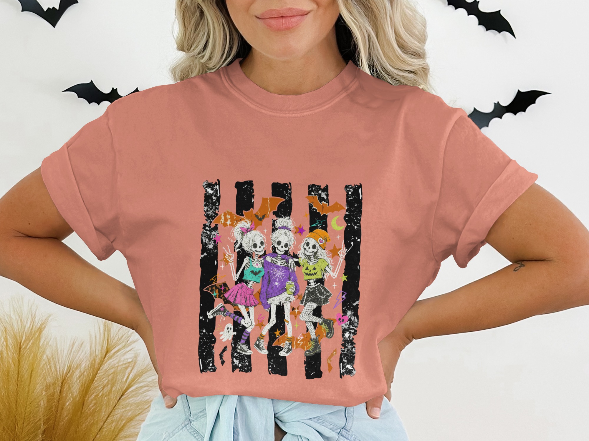 Cute Goth Skeleton Friends Halloween T-Shirt | Spooky Skull Besties Graphic Tee | October Fall Costume Party Shirt | Alternative Aesthetic - Image 2