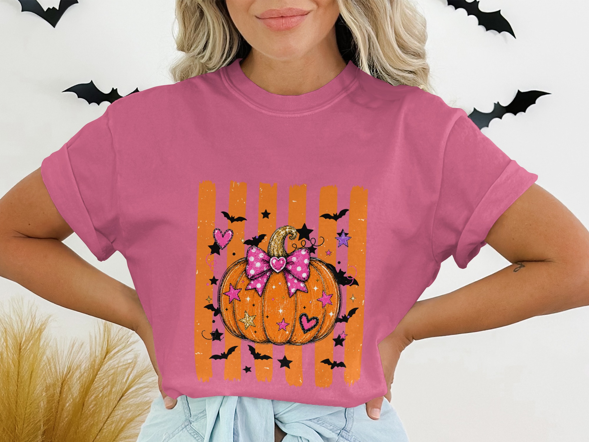 Cute Spooky Pumpkin T-Shirt, Halloween Vibes Tee, Sweet Fall Aesthetic Shirt, Pink Bow Pumpkin & Bats Top - Image 13