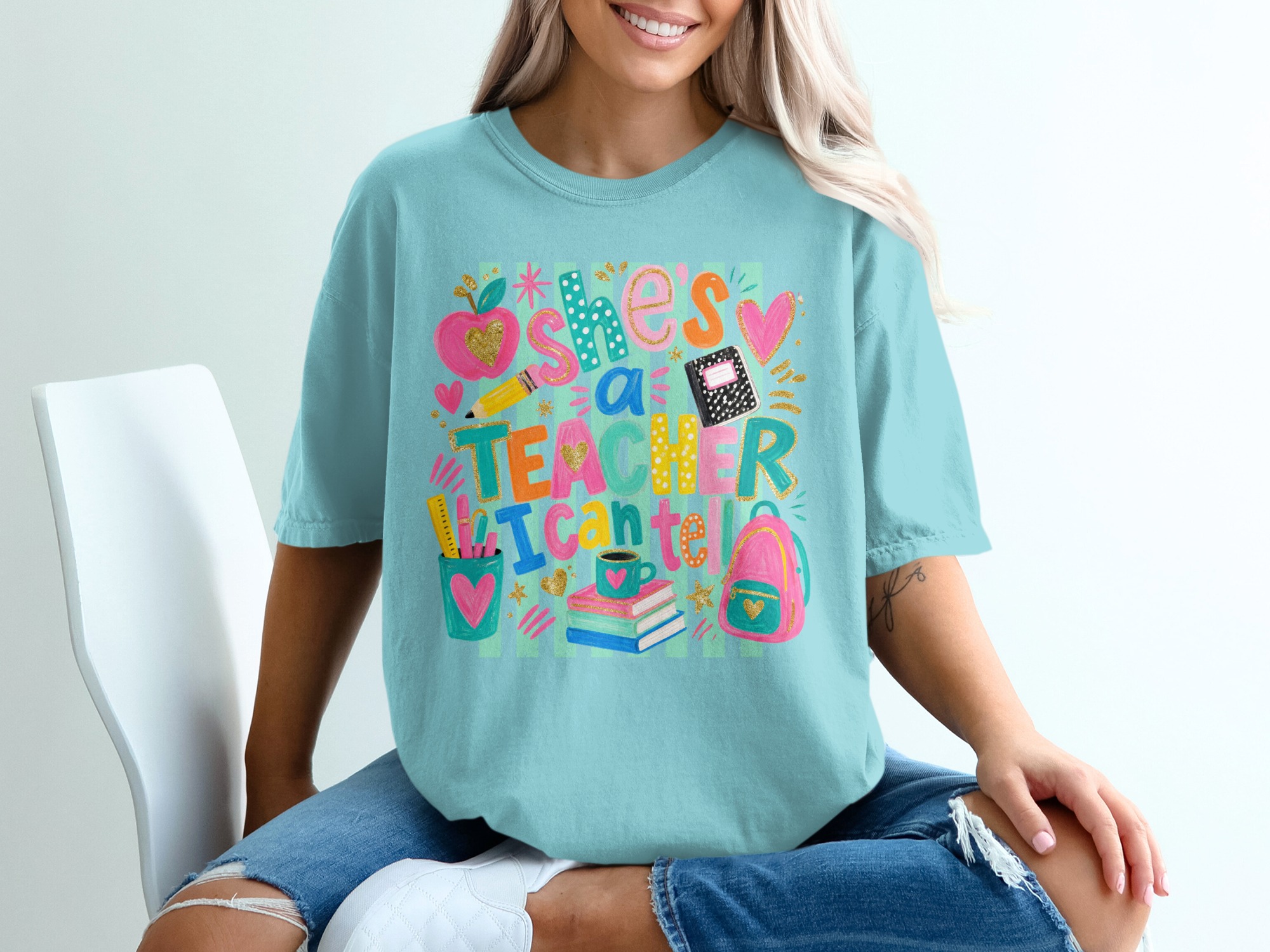 She's a Teacher I Can Tell! T-Shirt, Colorful Teacher Appreciation Gift, Educator Thank You Tee, Back to School Outfit for Women - Image 4