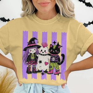 Spooky Cute Goth Friends T-Shirt, Pastel Punk Rock Witch Ghost Cat Halloween Shirt, Alternative Aesthetic Crewneck Tee