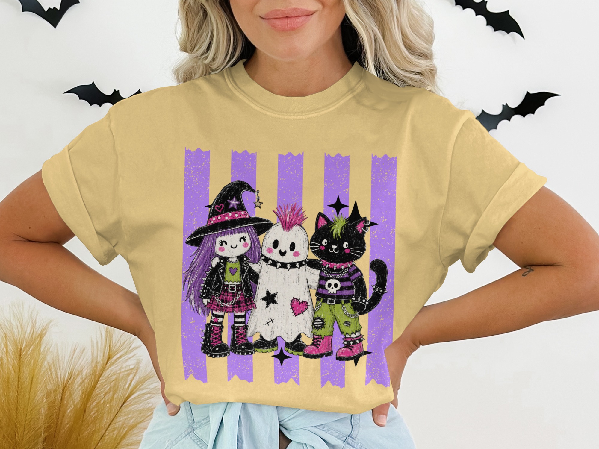 Spooky Cute Goth Friends T-Shirt, Pastel Punk Rock Witch Ghost Cat Halloween Shirt, Alternative Aesthetic Crewneck Tee