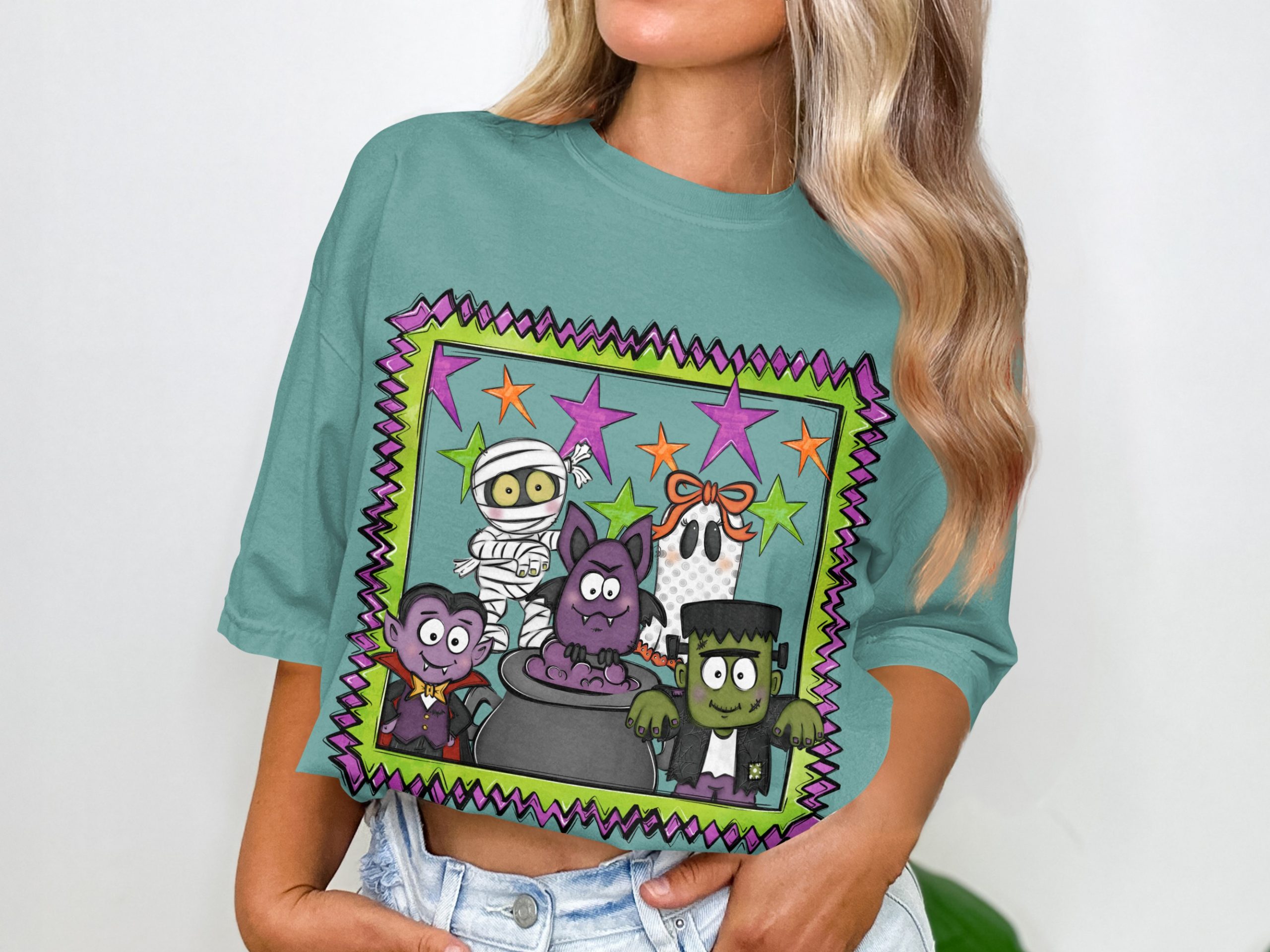 Cute Spooky Season T-Shirt, Halloween Monsters Design, Bat Dracula Ghost Mummy Frankenstein Kids Cartoon Tee - Image 2