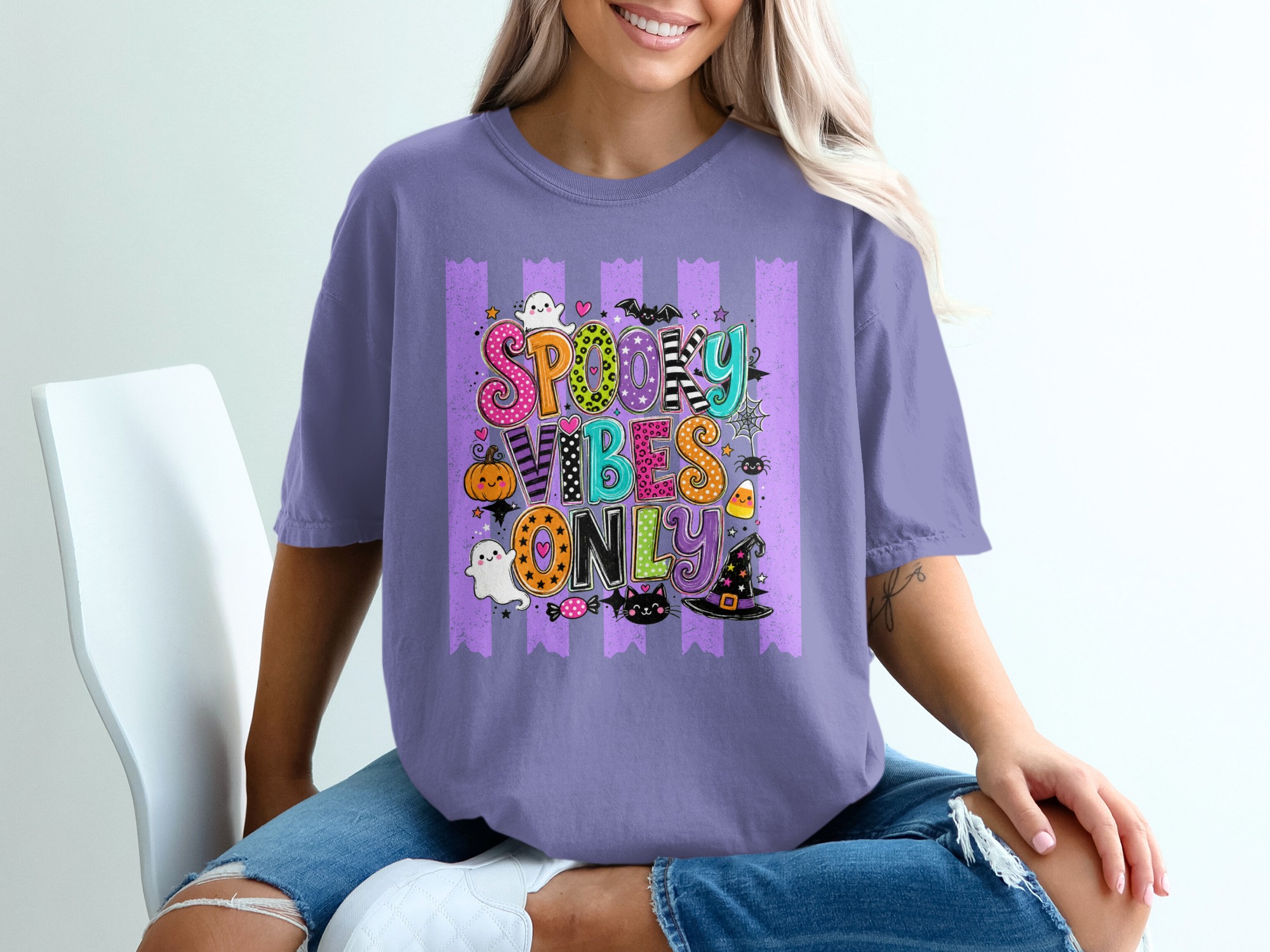 Spooky Vibes Only Halloween T-Shirt | Cute Fall Season Tee | Ghost Pumpkin Witch Hat Black Cat | Fun Holiday Top - Image 5