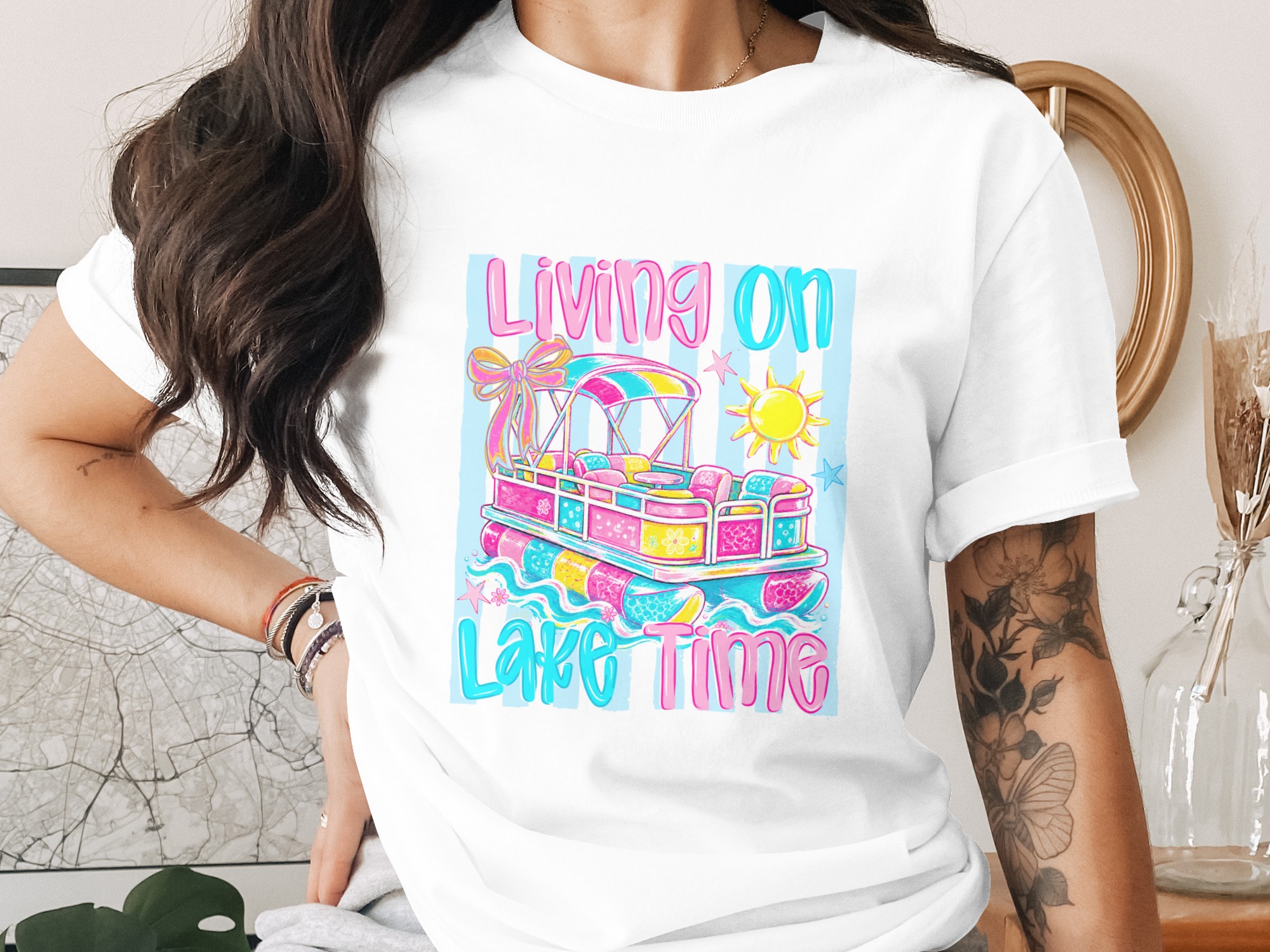 Living On Lake Time T-Shirt, Comfort Colors Lake Life Tee, Pontoon Boat Summer Vacation Shirt, Preppy Lake Girl Gift