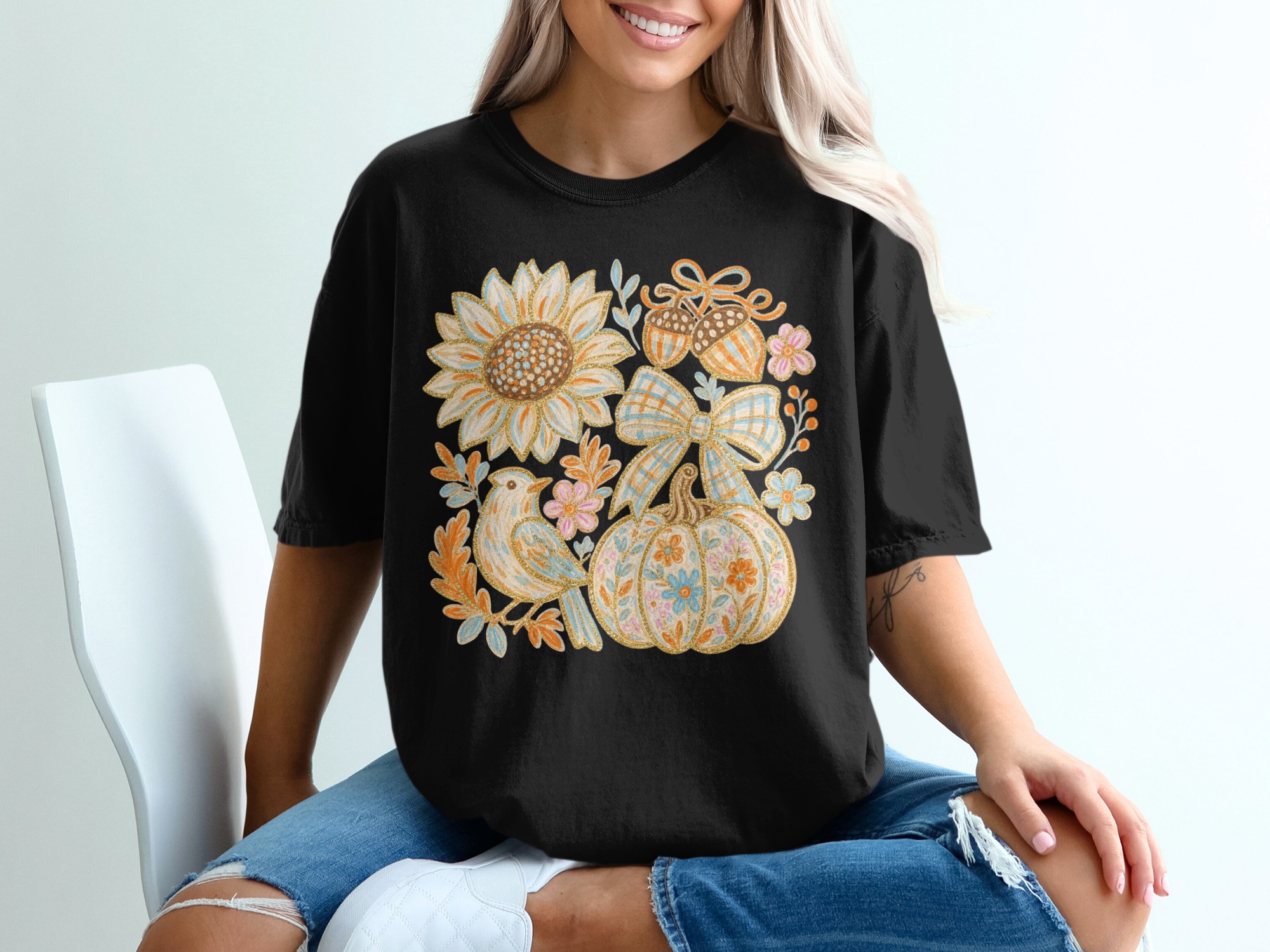 Comfort Colors ® Fall Aesthetic T-Shirt, Boho Pumpkin Patch Tee with Sunflower Bird Acorns & Plaid Bow Fall Shirt - Image 4