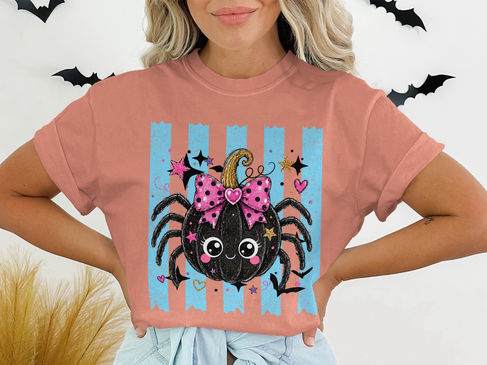 Cute Spooky Spider Pumpkin T-Shirt for Halloween Lover, Adorable Fall Autumn Tee Shirt with Faux Gold Glitter - Image 3