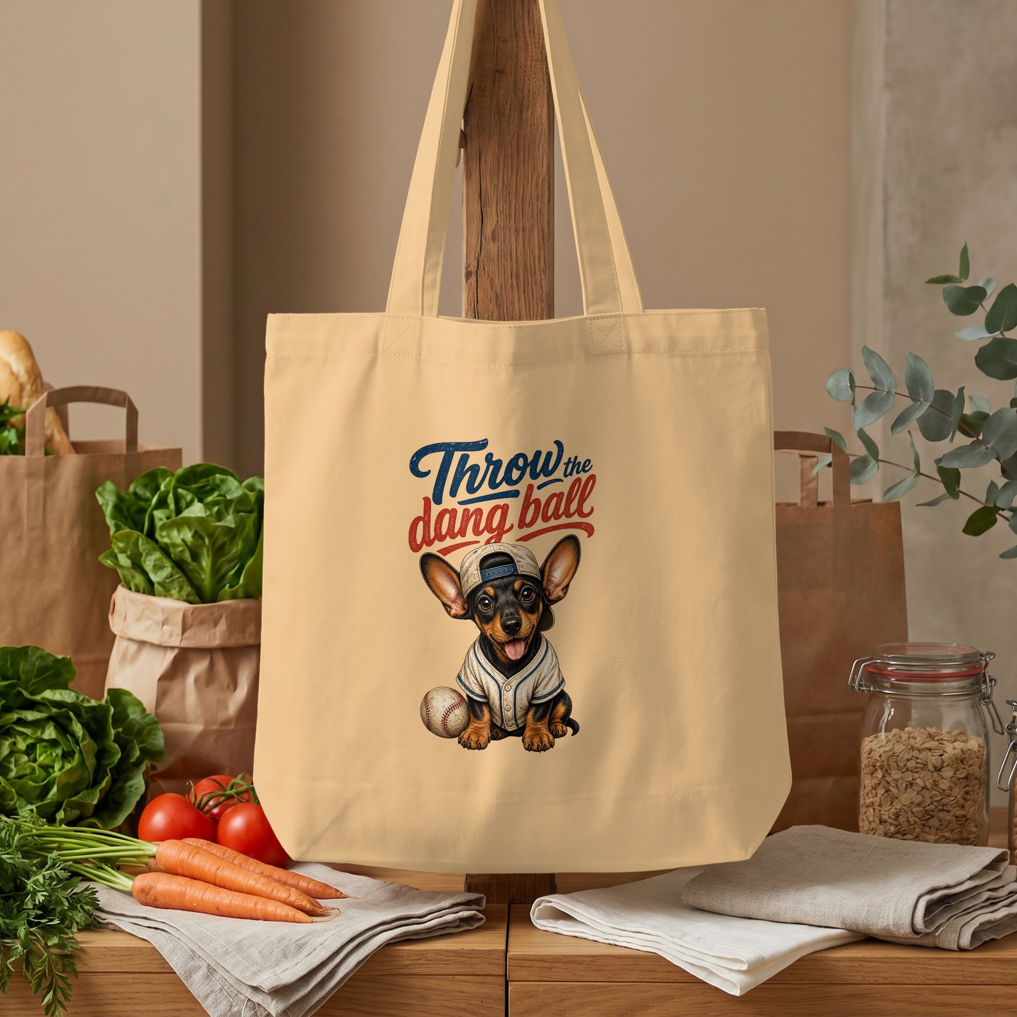 Cute Dachshund Baseball Dog Tote Bag | 'Throw The Dang Ball' Pet Lover Gift | Funny Sports Fan Canvas Book Bag - Image 4