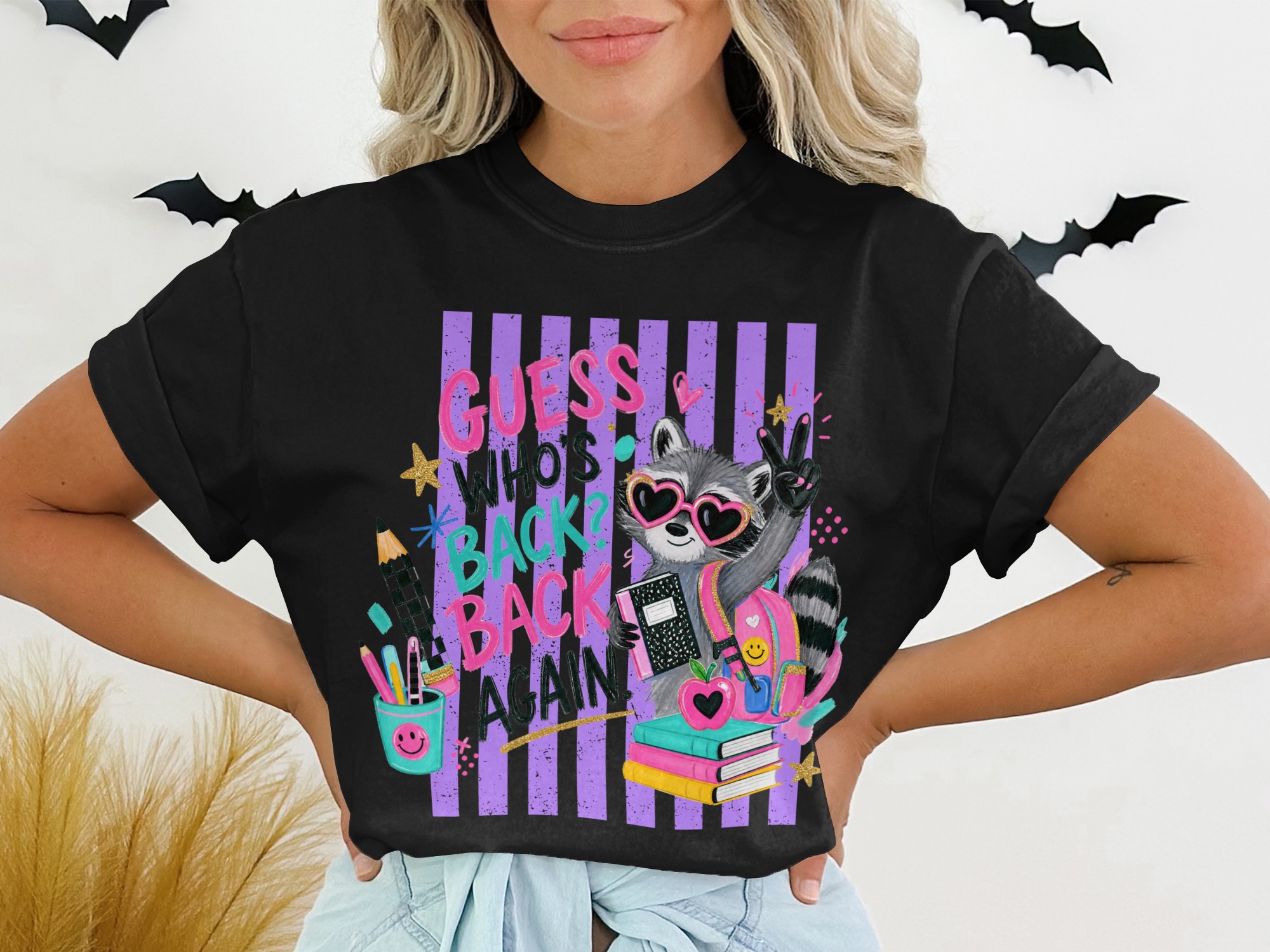 Back To School Raccoon T-Shirt, Guess Who's Back Again Teacher Shirt, First Day Of School Student Tee, Cute Animal Graphic Top - Image 2