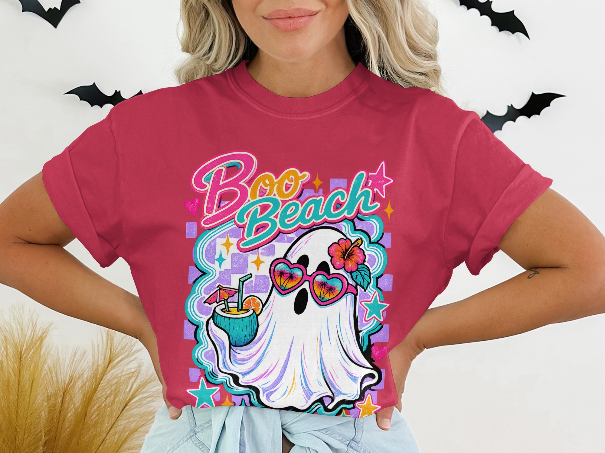 Boo Beach Ghost T-Shirt, Retro Summer Vacation Tee, Spooky Cute Beach Trip Halloween Shirt, Heart Sunglasses Coconut Drink Graphic Top - Image 5