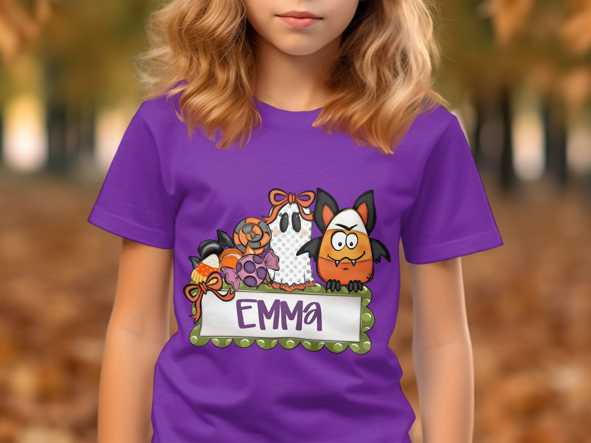 Personalized Halloween T-Shirt, Cute Spooky Ghost & Candy Corn Bat Fall Kids Name Shirt, Custom Trick or Treat Birthday Gift Idea - Image 3