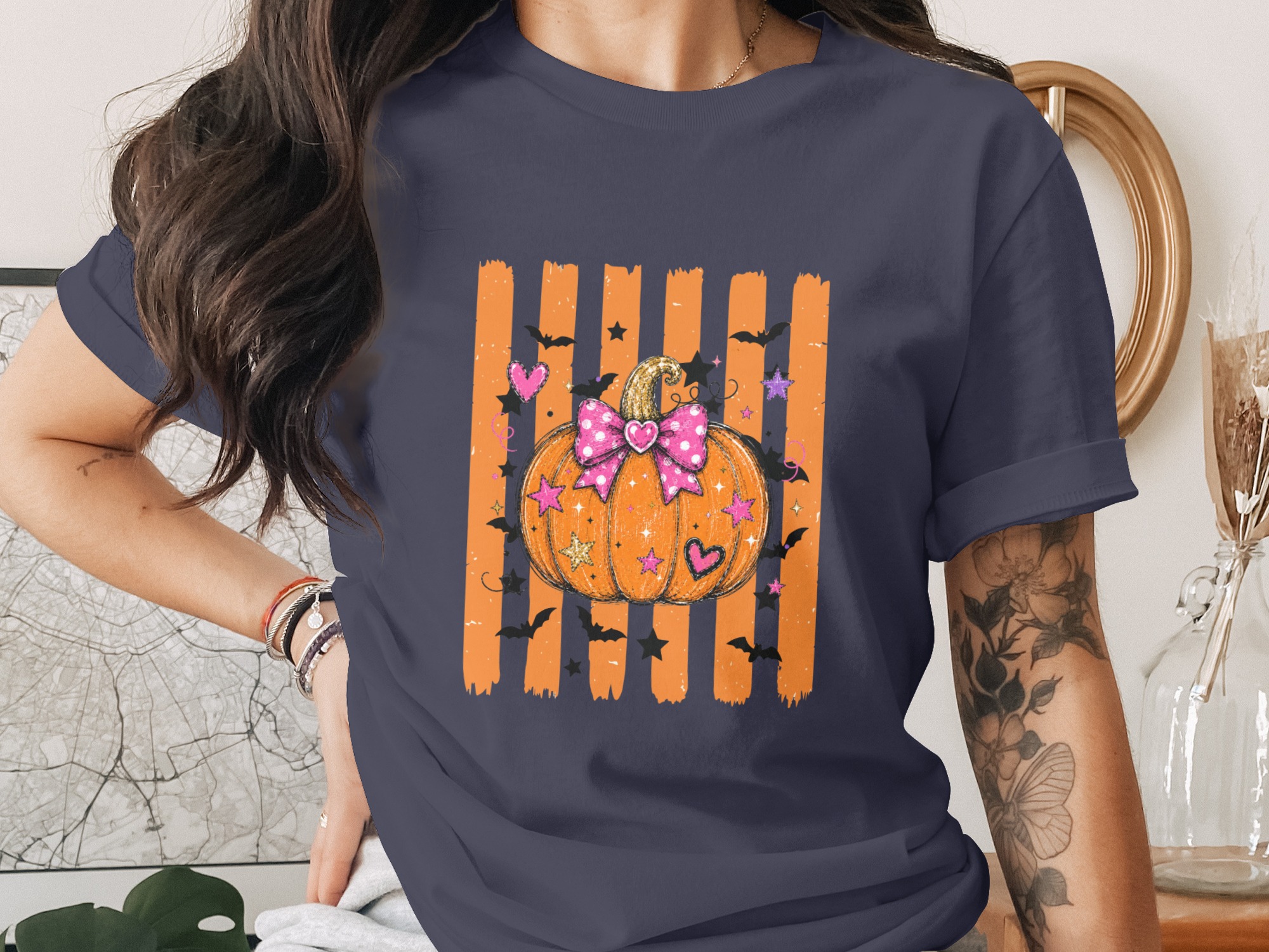 Cute Spooky Pumpkin T-Shirt, Halloween Vibes Tee, Sweet Fall Aesthetic Shirt, Pink Bow Pumpkin & Bats Top - Image 12