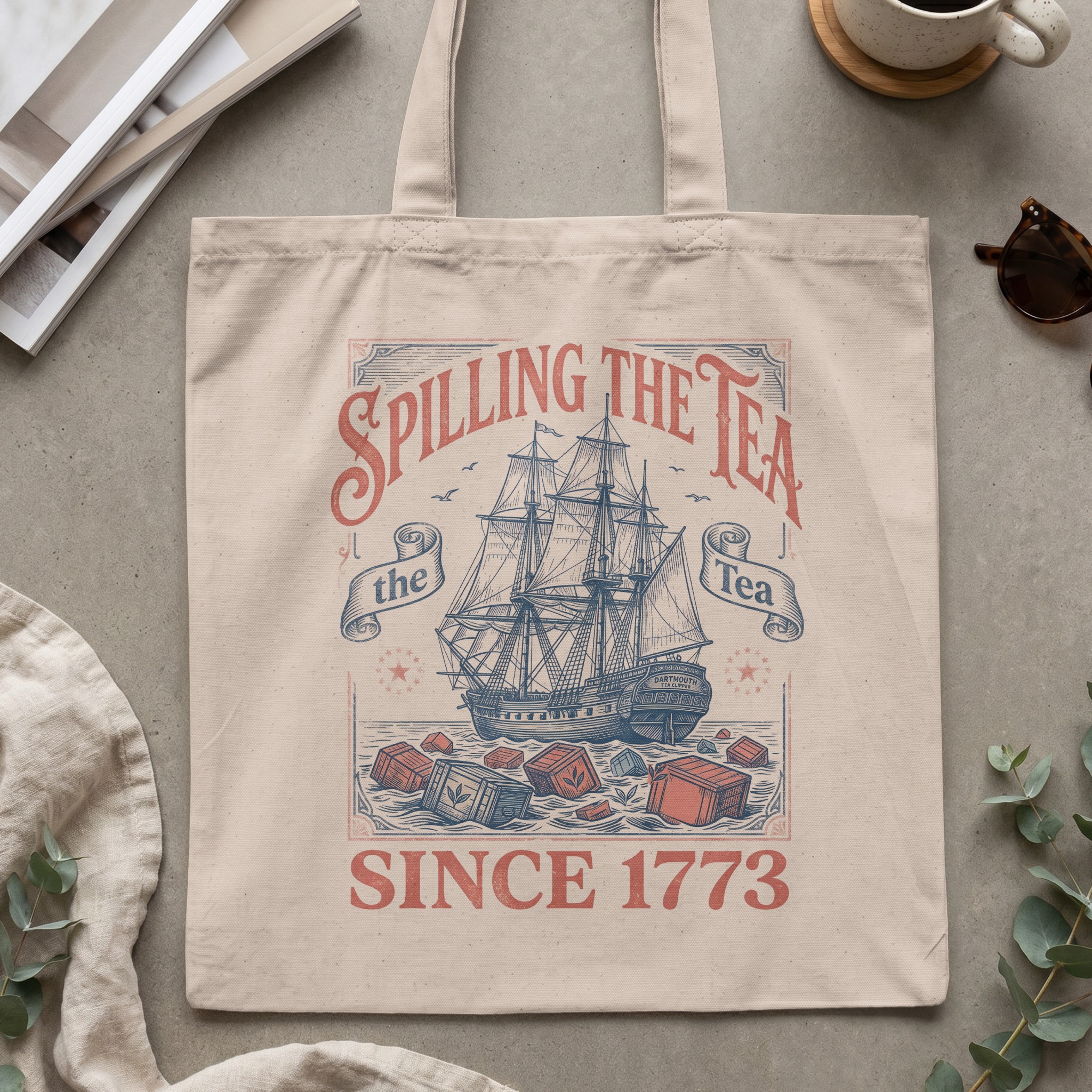 Spilling The Tea Since 1773 Tote Bag, Boston Tea Party Historic Ship Canvas Bag, Funny History Lover Gift, Vintage Graphic Book Bag - Image 2