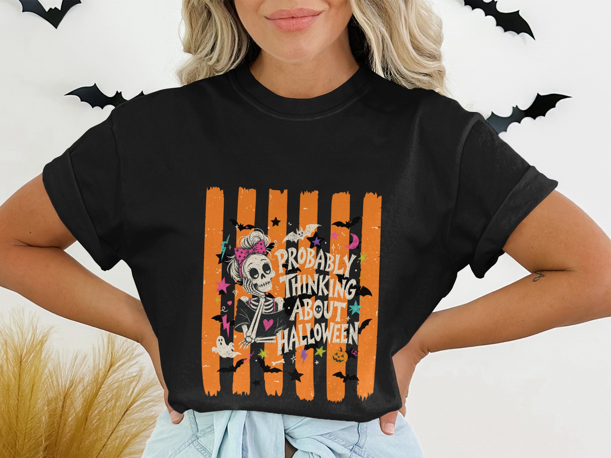'Probably Thinking About Halloween' Skeleton T-Shirt | Messy Bun Skull Spooky Season Gift | Cute Witchy Bat & Ghost Fall Tee | Retro