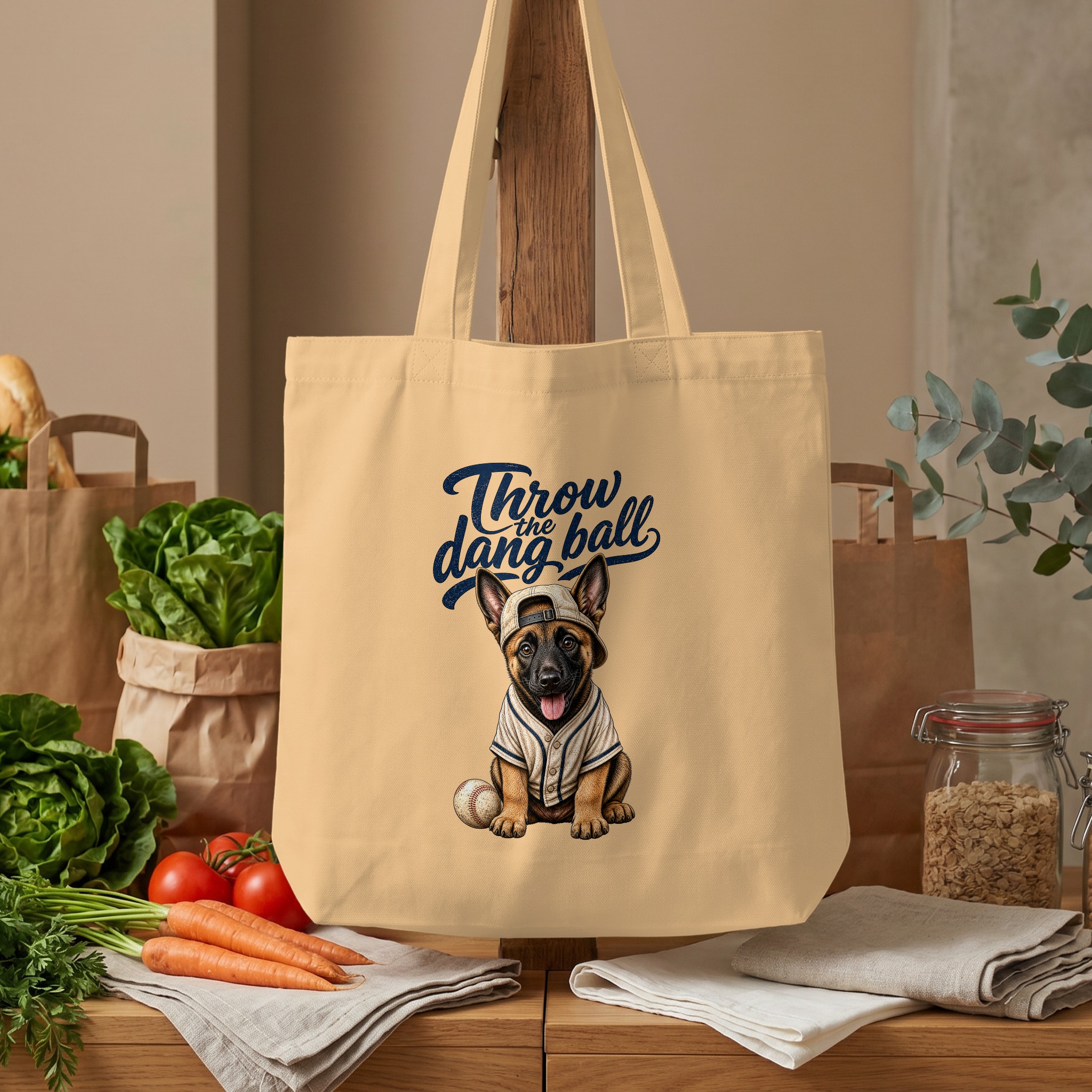 Cute Puppy Baseball Tote Bag, 'Throw the Dang Ball' Dog Lover Gift, Pet Mom Canvas Bag, Funny Puppy Fan Present - Image 4