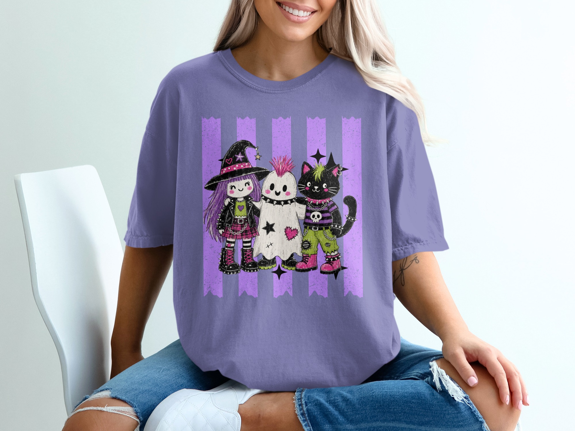 Spooky Cute Goth Friends T-Shirt, Pastel Punk Rock Witch Ghost Cat Halloween Shirt, Alternative Aesthetic Crewneck Tee - Image 6