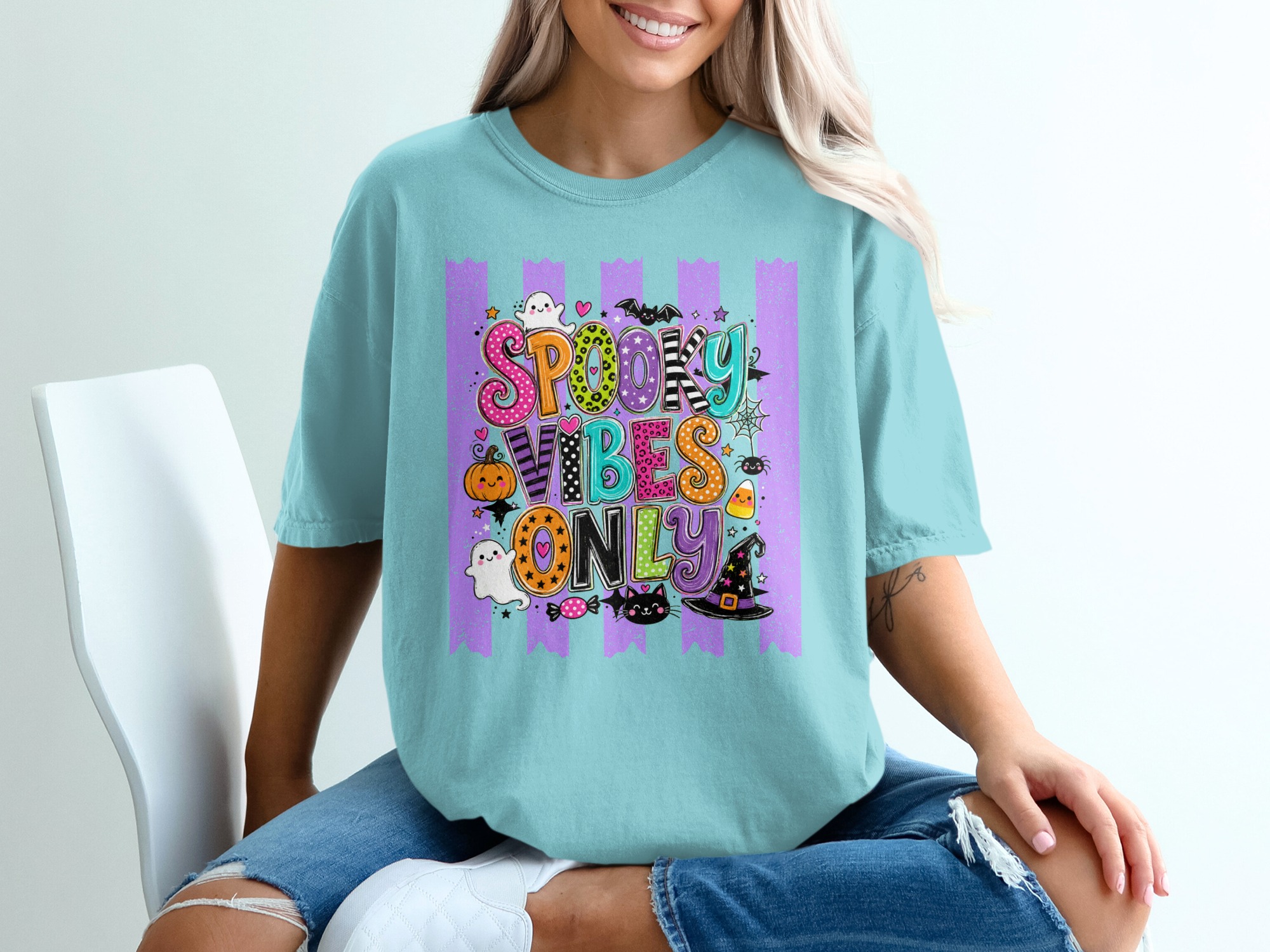 Spooky Vibes Only Halloween T-Shirt | Cute Fall Season Tee | Ghost Pumpkin Witch Hat Black Cat | Fun Holiday Top - Image 7