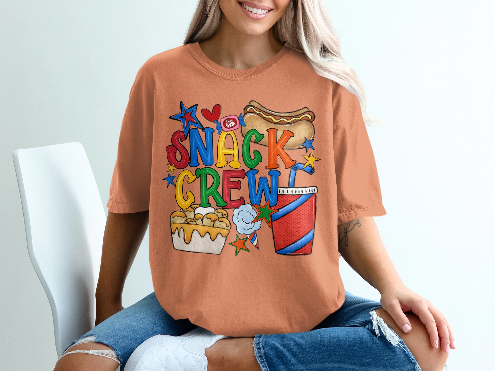 Snack Crew T-Shirt | Fun Foodie Graphic Tee | Retro Carnival Fair Food Lover Gift | Vibrant Summer Comfort Top - Image 5