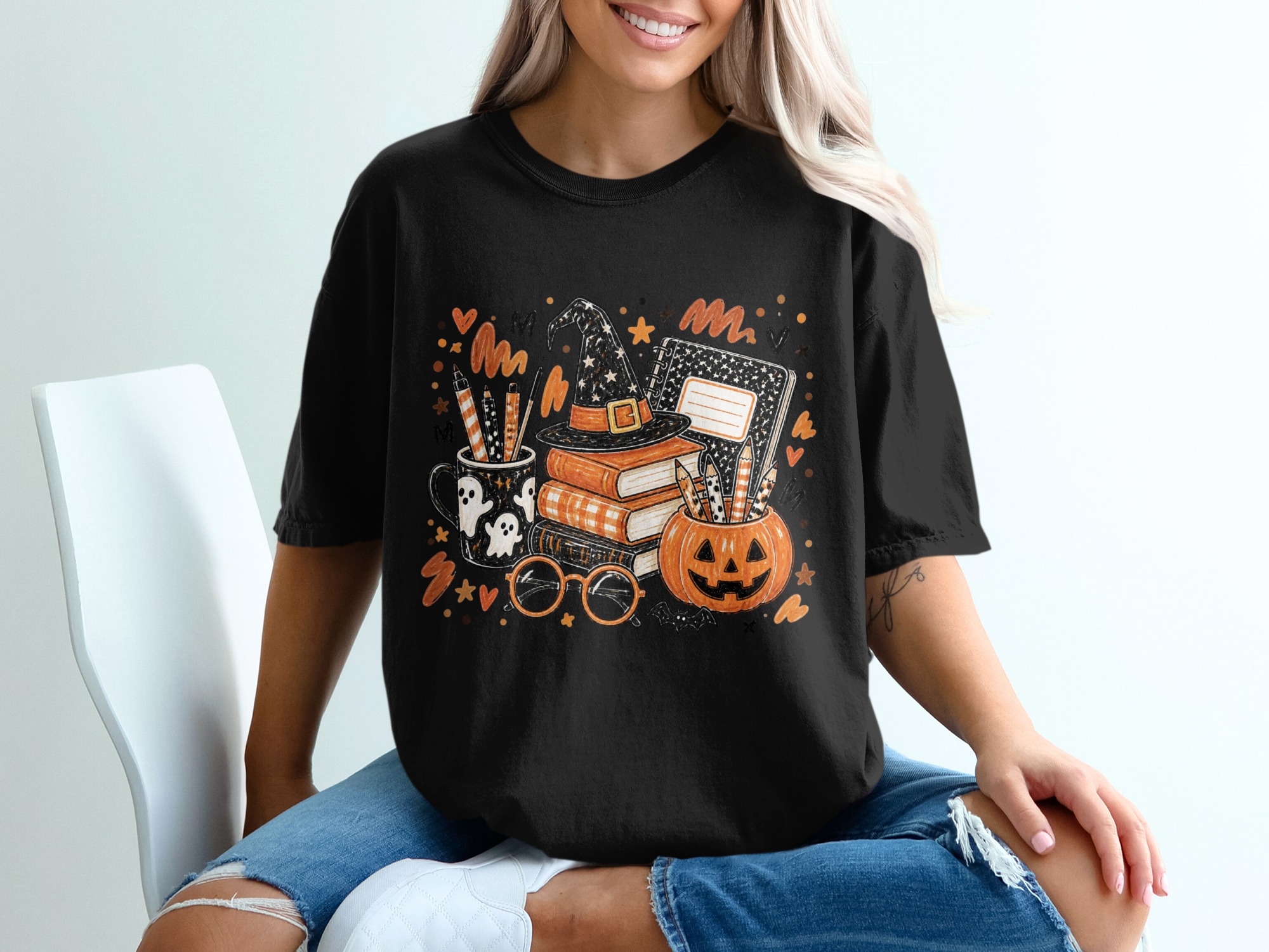Comfort Colors ® Halloween Teacher T-Shirt, Spooky Season Book Lover Reading, Witch Hat Pumpkin Academic Fall Tee - Image 4