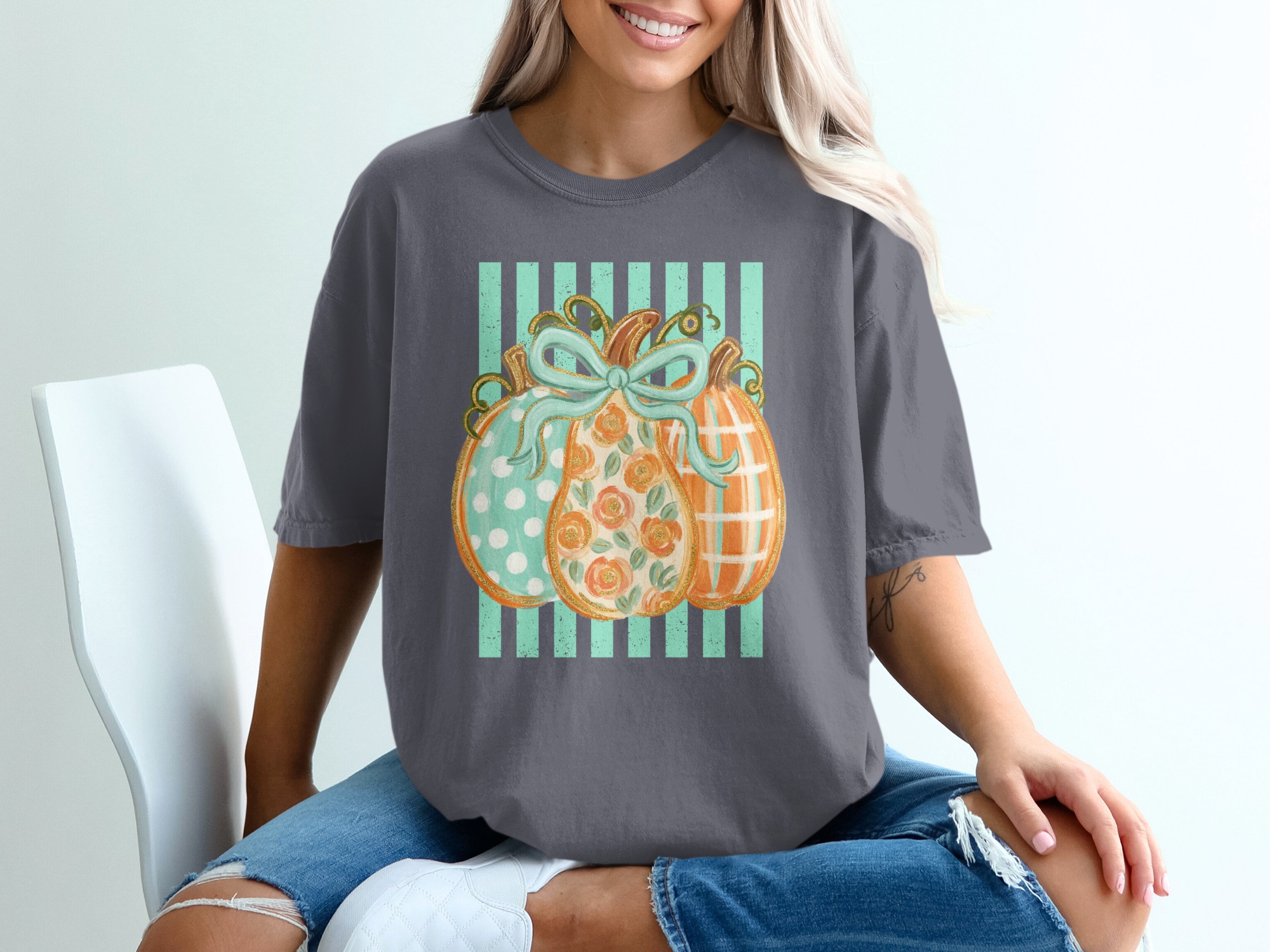 Cute Autumn Pumpkin T-Shirt | Fall Season Floral Polka Dot Plaid Pumpkins Tee | Trendy Harvest Festival Design Top - Image 4