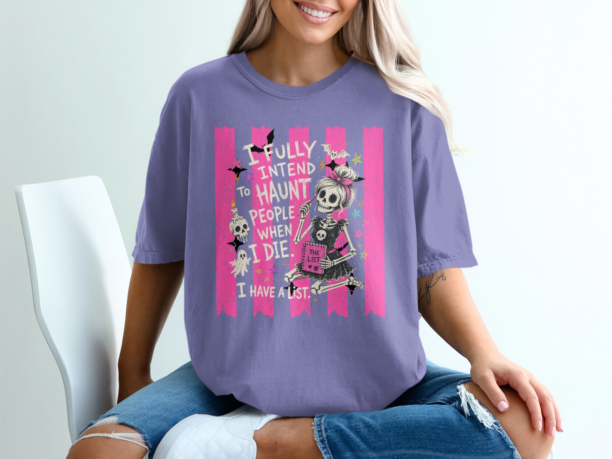 Funny Skeleton Haunt List T-Shirt, Sarcastic Women's Halloween Tee, Spooky Cute Goth Graphic Shirt, Dark Humor Gift Idea - Image 6