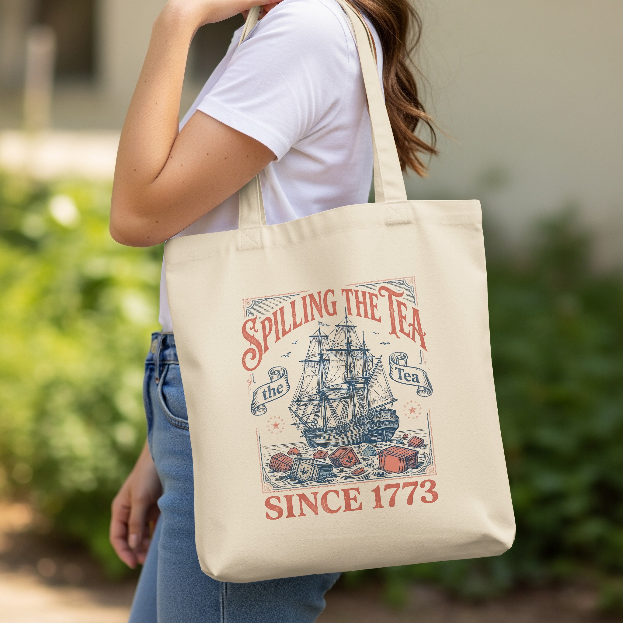 Spilling The Tea Since 1773 Tote Bag, Boston Tea Party Historic Ship Canvas Bag, Funny History Lover Gift, Vintage Graphic Book Bag - Image 11